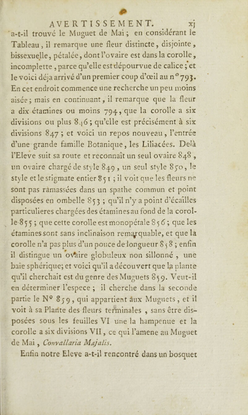 AVERTISSEMENT. ^ xj 'a-t-il trouvé le Muguet de Mai; en considérant le Tableau, il remarque une fleur distincte, disjointe, bissexuelle, pétalée, dont l’ovaire est dans la corolle, incomplette , parce qu’elle est dépourvue de calice ; et le voici déjà arrivé d’un premier coup d’œil au 79 j. » En cet endroit commence une recherche un peu moins aisée; mais en continuant, il remarque que la fleur a dix étamines ou moins 794, que la corolle a six divisions ou plus 8.}6; qu’elle est précisément à six divisions 847 ; et voici un repos nouveau, l’entrée d’une grande famille Botanique, les Liliacées. Delà l’Eleve suit sa route et reconnaît un seul ovaire 848 , un ovaire chargé de style 849 , un seul style 870, le style et le stigmate entier 851 ; il voit que les fleurs ne sont pas ràmassées dans un spathe commun et point disposées en ombelle 85 3 ; qu’il n’y a point d’écaillcs particulières chargées des étamines au fond de la corol- îe-8 5 5 ; que cette corolle est monopétale 8 5 6 ; que les étamines sont sans inclinaison renuy'quable, et que la corolle n’a pas plus d’un pouce de longueur 8 5 8 ; enfin il distingue un ov^dre globuleux non sillonné , une baie sphérique; et voici qu’il a découvert que la plante qu’il cherchait est du genre des Muguets 859. Veut-il en déterminer l’espece ; il cherche dans la seconde partie le N® ^59 5 qtii appartient aux Muguets, et il voit à sa Plante des fleurs terminales , sans être dis- posées sous les feuilles VI une la hampeniie et la corolle a six divisions Vil, ce qui l’amene au Muguet de Mai , Convallaria Majalls. Enfin notre Eleve a-t-il rencontré dans un bosquet