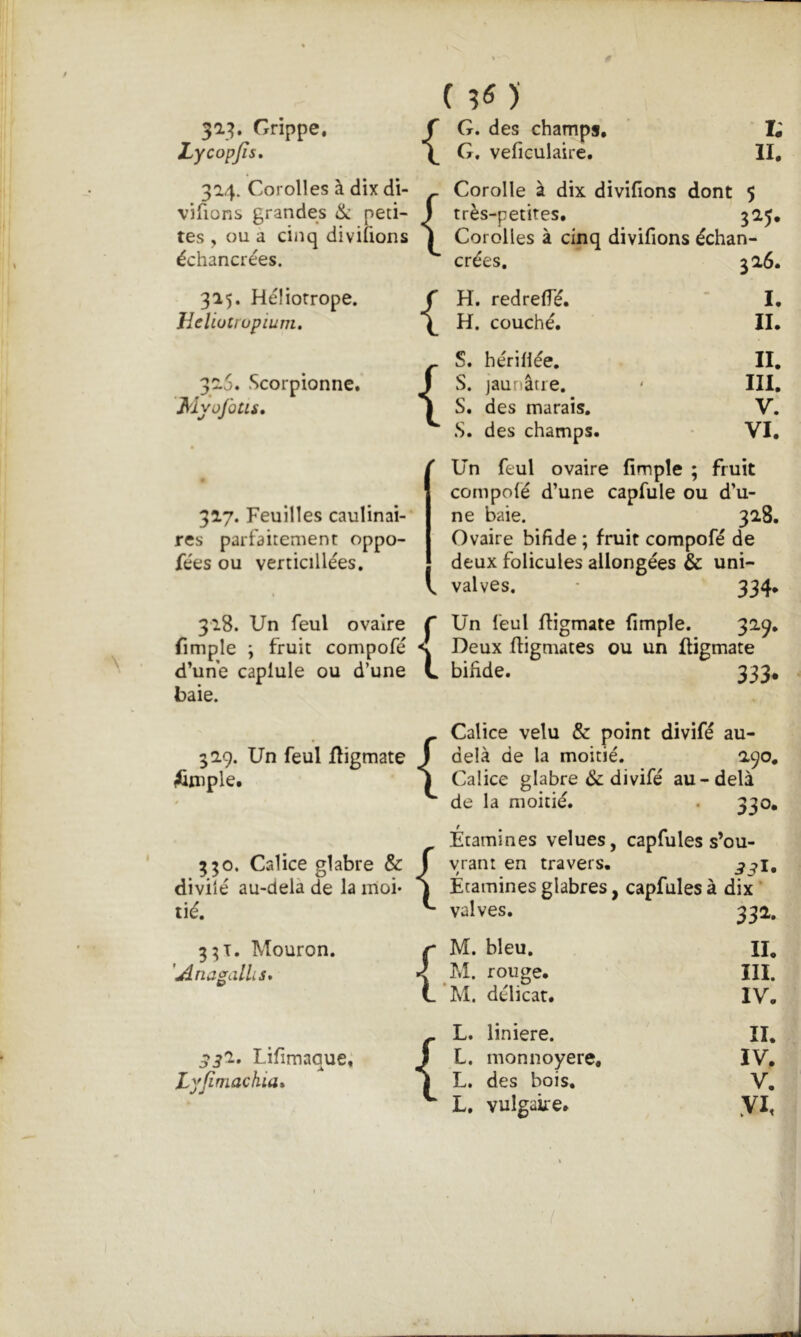 i; II. 313, Grippe. Lycopjîs» 324. Corolles à dix di- visons grandes de peti- tes , ou a cinq diviüons échancrées. 315. Héliotrope. Heliüti opium. 32.5. Scorpionne. Myofotis. 317. Feuilles caulinai- res parfaitement oppo- fées ou verticillées. ( )' {G. des champs, G, veficulaire. Corolle à dix divifions dont 5 ) très-petites, 325, J Corolles à cinq divifions échan- crées. 326. r H. redrefTé.  I, \ H. couché. II. {S. hériliée, II, S. jaunâtie. ' III, S. des marais. V. S. des champs. VI. Un feul ovaire fimple ; fruit compolé d’une capfule ou d’u- ne baie, 328. Ovaire bifide ; fruit compofé de deux folicules allongées & uni- ^ valves. 334. 328. Un feul ovaire Ç Un feul ffigmate fimple. 329. fimple ; fruit compofé ■< V Deux uigmates ou un fligmate d’une caplule ou d’une L bifide. 333. baie. ^ Calice velu & point divifé au- 329. Un feul fligmate J 1 delà de la moitié. 290, Simple, \ Calice glabre &; divifé au- ■ delà de la moitié. 330. Étamines velues, capfules s’ou- 330. Calice glabre & J 1 vrant en travers.  Ê divilé au-delà de la moi* , \ Étamines glabres, capfules à dix ‘ tié. ' ^ valves. 333^. 3 3T, Mouron. - r M. bleu. II. 'AnagalUs* [ M. rouge. IIÏ. L M. délicat. IV. ^ L. liniere. II. ^^2. Lifimaque, J 1 L. monnoyere. IV. Lyfimachia* | 1 L. des bois. v. ^ L. vulgaire. yh