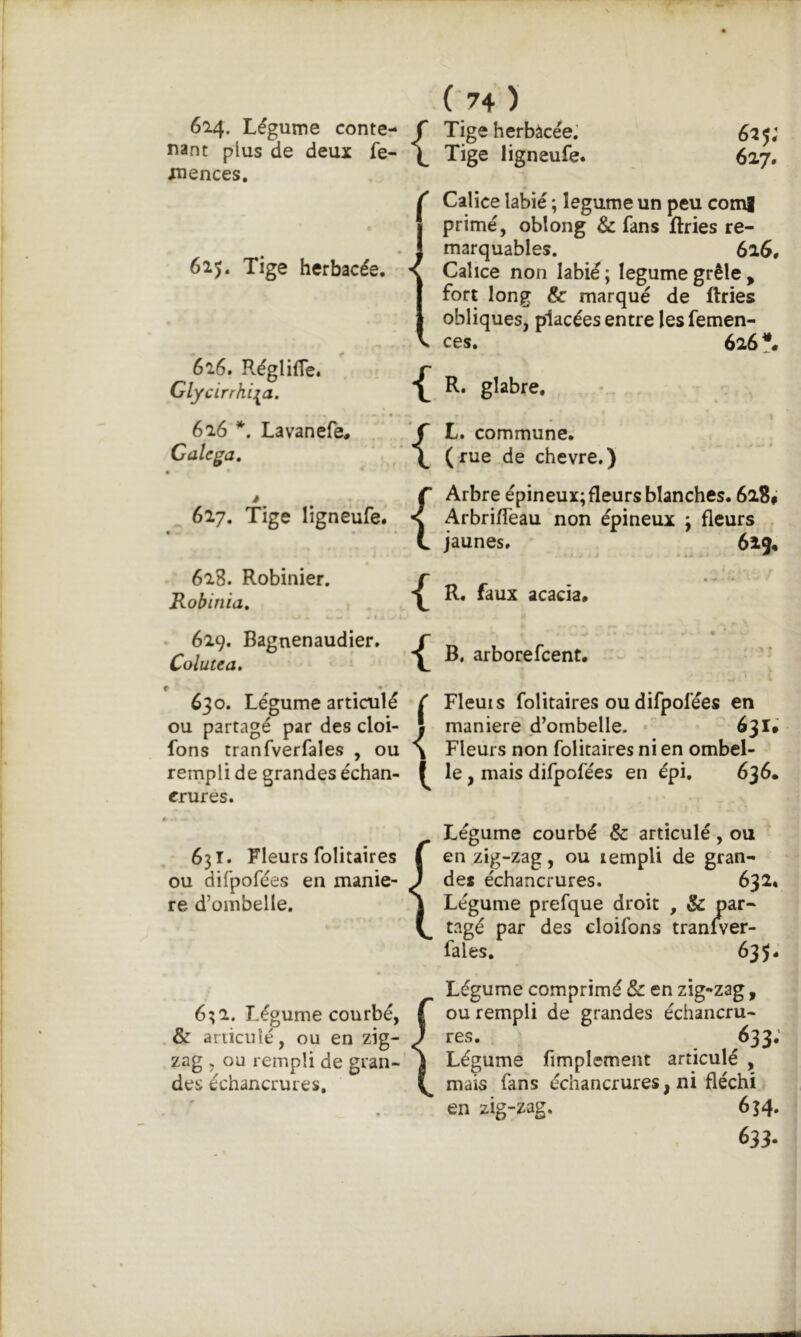 614. Légume conte- f Tige herbàcée; 6^5; nant plus de deux fe- \ Tige ligneufe. 627, iuences. 625. Tige herbacée. 626. RéglifTe. Glycirrhij^a. Calice labié ; legume un peu coml primé, oblong & fans ftries re- marquables. 616, Calice non labié ; legume grêle , fort long & marqué de ftries obliques, placées entre les femen- ces. 626 \ R. glabre. 626 Lavanefe, Calcga, {L. commune. ( rue de chevre.) J 627. Tige ligneufe. 628. Robinier, Robiriia, . 629. Bagnenaudier. Colutea, { i f ^ • 630. Légume articulé ou partagé par des cloi- fons tranfverfales , ou rernpli de grandes échan- crures. i { l 631. Fleurs folitaires ou difpofées en manié- ré d’ombelle. 6;2. Légume courbé, & articulé, ou en zig- zag , ou rempli de gran- des échancrures. Arbre épineux; fleurs blanches. 628# Arbrifîëau non épineux ; fleurs . jaunes, I R. faux acacia. « B, arborefcent. Fleuis folitaires ou difpofées en maniéré d’ombelle. 631. Fleurs non folitaires ni en ombel- le , mais difpofées en épi, 636. Légume courbé & articulé, ou en zig-zag, ou 1 empli de gran- des échancrures. 632. Légume prefque droit , & par- tagé par des cloifons tranlVer- fales, 635- Légume comprimé & en zig-zag, ou rempli de grandes échancru- res. 633; Légume fimplement articulé , mais fans échancrures, ni fléchi en zig-zag. 634. 633.