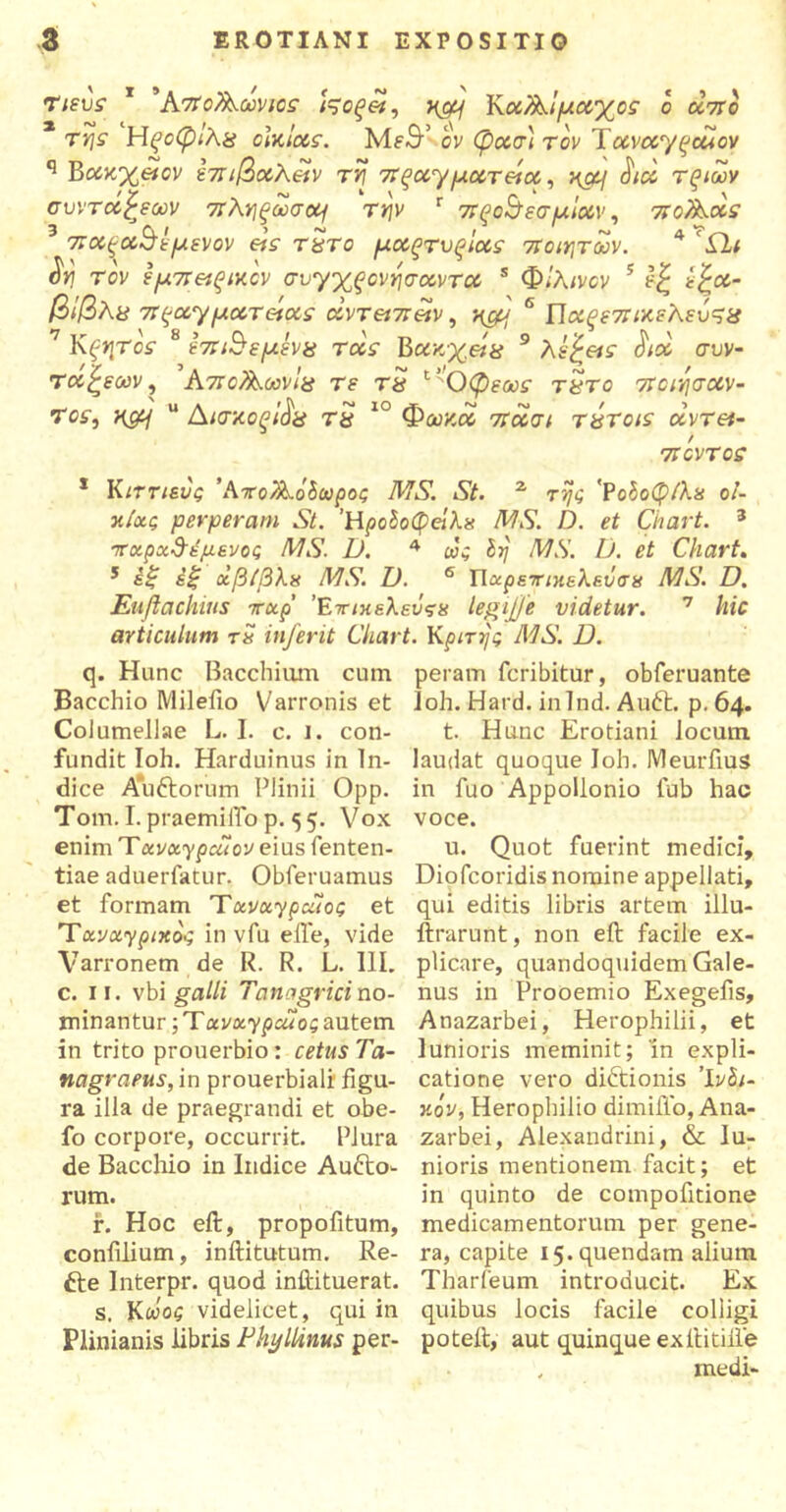 Τιευς 1 'ΚποΤλωνιος /Vcf«, n&j ΚοιΤλιμαχος ο αττο * της Ηςοφιλα chciocs. MeS·’ ον φοοσ) τον Τccvcvyqcuov q Βοοκχ&ίον επιβοολ&ν τη πξχχμοοτείοο, η&{ τ^ιων συντάξεων ττληξωσομ την Γ πςο&εσμΐοον, ποΑοος 3 π ccpcoS ε μ εν ον eis τ£τσ μοοςτυξΐχς ποιητών. 4 ίΐ; £η τον εμπ&ξΜον σνγχξονησοοντοο s Φΐλινον 5 ί£α- βίβλα πζοογμοοτ&οος άντειπ&ν, 6 Πα^ετπκελευς'έί 7 Κζ;»|Τ05· 8 επινεμένα tccs Βοίκχ&χ 9 λέξεις συν- τάξεων, ΑποΤλωνΙα τε τχ ι'Οφεωε Τ8Τ0 ποιησαν- ros, η&ι 14 Αισχοξΐ^α τ$ ΙΟ Φωκά 7Γασ; tutois olvTet- ποντοζ 1 Kirr/ευς ’ΑττοΑοδωρος MS. St. 2 τί/ς 'Ροδοφ/λϋ ο/- κ/ας perperam St. ΉροΙοφάλζ MS. D. et Chart. 3 τΓαρχ&έμενος MS. D. 4 ως δ?/ /W.V. D. et Chart. 5 ε£ fi|· οΐβΐβλχ MS. D. 6 Παρε7πκελε,υσχ MS. D. Euflachius irxp' Έπιχελενςα legijje videtur. 7 liic articulum tS inferit Char q. Hunc Bacchium cum Bacchio Milefto Varronis et Columellae L. I. c. J. con- fundit Ioh. Harduinus in In- dice Au&orum Plinii Opp. Tom. I. praemilTo p. 5 5. Vox enim Ύκνχγραΐον eius fenten- tiae aduerfatur. Obferuamus et formam Txvuypcuoo et Txvoiypnco·; in vfu ede, vide Varronem de R. R. L. 111. c. 11. vbi galli Tanagrici no- minantur ; T avxypcuo; autem in trito prouerbio: cetus Ta- nagraeus, in prouerbiali figu- ra illa de praegrandi et obe- fo corpore, occurrit. Plura de Bacchio in Indice Aufto- rum. r. Hoc eft, propofitum, confilium, inftitutum. Re- fte Interpr. quod inftituerat. s. Κωος videlicet, qui in Plinianis libris PhylUnus per- t. Κριτής MS. D. peram fcribitur, obferuante loh. Hard. inlnd. Auft. p. 64. t. Hunc Erotiani locum laudat quoque Ioh. Meurftus in fuo Appollonio fub hac voce. u. Quot fuerint medici, Diofcoridis nomine appellati, qui editis libris artem illu- ftrarunt, non eft facile ex- plicare, quandoquidem Gale- nus in Prooemio Exegefis, Anazarbei, Herophilii, et 1 unioris meminit; In expli- catione vero di&ionis Ινδι- κόν, Heropbilio dimilYo, Ana- zarbei, Alexandrini, & Iu- nioris mentionem facit; et in quinto de compofitione medicamentorum per gene- ra, capite I5.quendam alium Tharfeum introducit. Ex quibus locis facile colligi poteft, aut quinque exftitiile , medi-