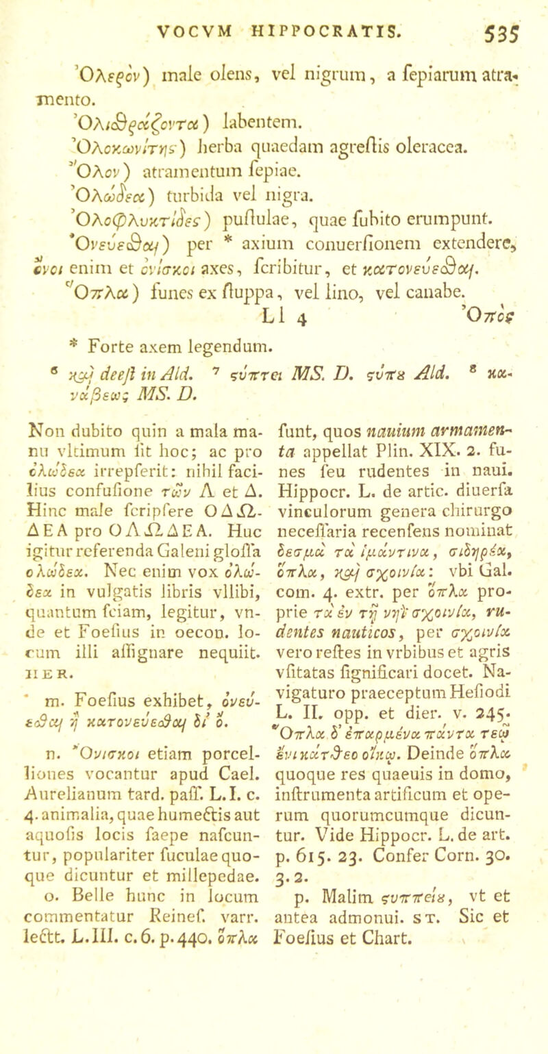 Όλεξ>ον) mnie olens, vel nigrum, a fepiarumatra- mento. Ολκ&ξάζοντα) latentem. Ολοχωνΐτηε) herba quaedam agrellis oleracea. ’Ολον) atramentum fepiae. 'Ολω^εκ) turbida vel nigra. Ολοφλυκτίάεε) pullulae, quae fubito erumpunt. 'Ovsvat&oq) per * axium conuerfionem extendere, tvoi enim et ονίσκοι axes, fcribitur, et κοοτονευεο3ογ. ' Οττλα) lunes ex fluppa, vel lino, vel canabe. Ll 4 Ό 7rc? * Forte axem legendum. 6 χμ; deejl in Aid. 7 σύπτα MS. D. ςΰπχ Aid. 8 κα- νχβεω; MS. D. Non dubito quin a mala ma- nu vltimum lit hoc; ac pro όλcJSecc irrepferit: nihil faci- lius confufione τΖν Λ et Δ. Hinc male fcripfere ΟΔΏ- ΔΕΑ pro ΟΛϋΔΕΑ. Huc igitur referenda Galeni gloila ολοόΐεχ. Nec enim vox ο’λω- Ιεχ in vulgatis libris vllibi, quantum fciam, legitur, vn- de et Foelius in oecon. lo- rum illi alii gnare nequiit. 31 E R. m. Foefius exhibet, ονευ- tcSof η χχτονεΰεΑα] i/ 0. η. Ονίσκοι etiam porcel- liones vocantur apud Cael. Aurelianum tard. paiT. L.I. c. 4. animalia, quae humeftis aut aquofis locis faepe nafcun- tur, populariter fuculaequo- que dicuntur et millepedae. o. Belle hunc in locum commentatur Reinef. varr. leftt. JL. 111. c.6. p.440. οττλα funt, quos nauium armamen- ta appellat Plin. XIX. 2. fu- nes leu rudentes in naui. Hippocr. L. de artic. diuerfa vinculorum genera chirurgo neceflaria recenfens nominat Ιεσμχ τχ ίμχντινχ, σιδηρέχ, οπλχ, χμ/ σχοινιά: vbi Gal. com. 4· extr. per οπλχ pro- prie rxiv tjj V7j%' σχοινίχ, ru- dentes nauticos, per σγμινίχ vero refles in vrbibus et agris vfitatas fignificari docet. Na- vigaturo praeceptum Heiiodi L. II. opp. et dier. v. 245. Οπλχ h έπχρμένχπχντχ τεω ενι κχτ&εο οΐκω. Deinde οπλχ i quoque res quaeuis in domo, inftrumentaartificum et ope- rum quorumcumque dicun- tur. Vide Hippocr. L. de art. p. 615. 23. Confer Corn. 30. 3. 2. p. Malim ςνππάχ, vt et antea admonui, st. Sic et Foelius et Chart.