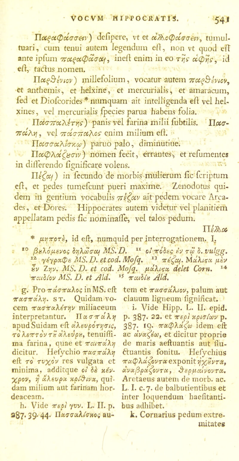 Παξχφοίσσ&ν) defipere, vt et οίλλοφοίσσ&ν, tumul- tuari, cum tenui autem legendum efl, non vt quod eiT ante iplum 7τχξχφχσχ/, inefl enim in eo ty\s ctφηε, id eil, tadlus nomen. Παξ&ένιον) millefolium, vocatur autem 7rccq§hicv, et anthemis, et helxine, et mercurialis, et amaracum, fed et Diofcorides * numquam ait intelligenda eil vel hel- xines, vel mercurialis ipecies parua habens folia. Ποίσττοίλέτηί') panis vel farina milii fubtilis. Π<χσ- παλη, vel πάστταλος enim milium eil. ΠχσσχλΙσκω) paruopalo, dimiriutiue. ΤΙο&φλχζΰσΊν) nomen fecit, errantes·, et refumentes in differendo imnificare volens. Πεξχι) in fecundo de morbis mulierum fic fcriptum efl, et pedes tumefcunt pueri maxime. Zenodotus qui- dem in gentium vocabulis σΐ^ζοίν ait pedem vocare Arca- des, et Dores. Hippocrates autem videtur vel planitiem appellatam pedis iic nominaife, vel talos pedum. * μηττοτε, id eil, numquid per interrogationem. I. 10 βαλό μένος Ι-ηλωσο^ MS. D. 11 οΐπόδες εν τω δ. vulgg. 12 y έγραφε AIS. D. etcod. Mofq. 13 πέζομ. Μάλιςα μεν αν Ztjv. MS. D. et cod. Mofq. μάλιςα delet Corti. 14 παιΐίον AIS. D. et Aid. 15 7xaibta Aid. g. Pro ττάσπαλος inMS. eil πχσπάλη. st. Quidam vo- cem πασπαλέτψ miliaceum interpretantur. Πατπ άλη apudSuidam eil κλευρότησις, το λεπτόν τη άλευρα, tenuifll- ma farina, quae et ταιπάλη dicitur. Hefychio πασπάλη eil το τυχόν res vulgata ct minima, additque οι έέ κέν- χρον, rj άλευρα κρίθινα, qui- dam milium aut farinam hor- deaceam. h. Vide -περί yw. L. IT. p. 387.39- 44. ος au- tem et πασσάλιον, palum aut clauum ligneum fignihcat. i. Vide Hipp. L. II. epid. p. 387. 23. et περί κρισίων p. 387. 19. παφλάζω idem eil ac άνα,ζέω, et dicitur proprie de maris aeftuantis aut ilu- ftuantis fonitu. Hefychius παφλάζοντα exponit γχαντα, άναβράζοντα, &ερμαΙνοντα. Aretaeus autem de morb. ac. L. I. c.7. de balbutientibus et inter loquendum baeiitanti- bus adhibet. k. Cornarius pedum extre- mitates