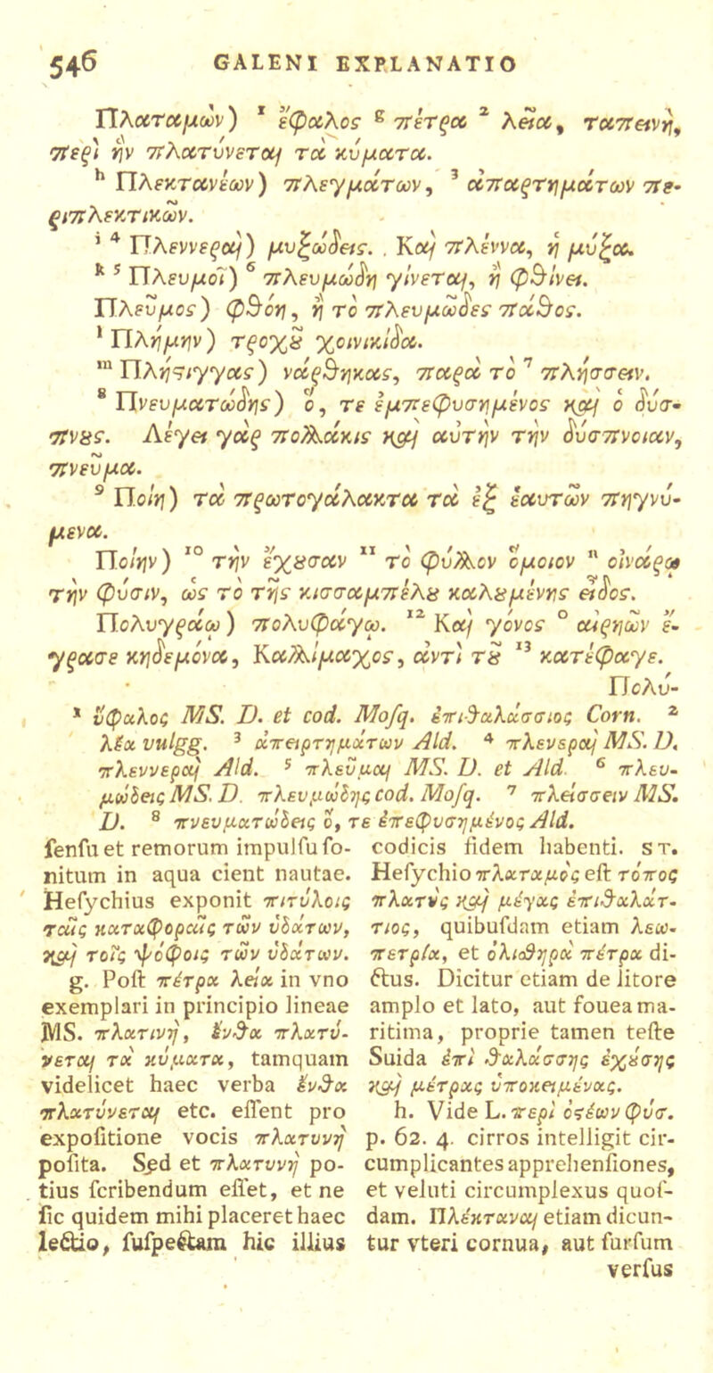 ΓΓλαταμων) 1 εφαλος e πέτςα 2 λ«α, T#7T«V7j, πεξ) ψ 7νλατυνετα] τά κύματα. h ΐΐλεκ.τανέων) πλεγμάτων, 3 άπαξτημάτων π&· ξίπλεκτικων. 1 4 μυξώδεις. . Κα/ πλέννα, ^ μύξα. k 5 ΓΤλευ//ο<) 6 πλευμωδη γίνεται, η φθίνει. Ήλεύμος) φΒόη, η το πλευμωδες πά&ος. 1 Πλί^ν) rfο%5 χοινικΐδα. m Π λη~ιγγας) νάς$ηκας, παξά τόη πλησσειν. 8 ΓΤν?υμάτωνε) ο, re έμπεφυση μένος χα/ ο du<r- srv&s·. Λέγει γάξ πολλάκις λομ αυτήν τψ δύσπνοιαν, πνεύμα. 9 Πο/>7) τα· πζωταγάλακτα τά έξ εαυτών πηγνύ· μένα. Ποιψ) τψ έχασαν το φυ/λον ομοιον οιναξοβ τψ φυσιν, ως το της κ.ισσαμπέλα καλαμένιας είδος. Πολυγξαω) πολυφαγω. 12 Κ«/ γόνος ° οάξηων ε- γξασε κηδεμόνα, Κα/λίμαχος, άντ) τα 13 κατέφαγε. Πολυ- * ύφαλος MS. Ώ. et cod. Mofq. επι-^αλάσσιος Corn. 2 λία vulgg. 3 αιτείρτημχτων Aid. 4 πλενερα) MS. Ζλ πλεννερά) Aid. 5 πλεύμομ MS. Ό. et Aid 6 πλευ- μώίεις MS. D. πλενμώίηςοοά. Mofq. 7 πλείσσειν MS. I). 8 πνευματώδεις ο, τε έπεφυσημένος Aid. fenfuet remorum impulfufo- codicis fidem habenti, st. nitum in aqua cient nautae. Hefychio7τλαταμόςεϋ τόπος Hefychius exponit πιτύλοις πλατύς ηομ μέ^ας έπιΰχλχτ- τά!ς καταφοραις των ύδχτων, τιος, quibufdam etiam λείο- Hgq τοΐς φόφοις των ύδχτων. πετριά, et όλκ&ηρχ πέτρα di- g. Poft πέτρα λεία in νηο ftus. Dicitur etiam de Jitore exemplari in principio iineae amplo et lato, autfoueama- JV1S. πλατινη, hSx πλατύ- ritima, proprie tamen tefte veTcq τά κύματα, tamquam Suida έπΐ ΰ'αλασσης έχύσης videlicet haec verba ένδχ κίΗ μέτρας ύποκειμένας. πλατύνετα/ etc. effient pro h. Vide L. περί όςέωνφύσ. expolitione vocis πλχτυνη p. 62. 4. cirros intelligit cir- polita. Spd et πλχτυνη po- cumplicantesappreheniiones, tius fcribendum eflet, et ne et veluti circumplexus quol- iic quidem mihi placeret haec dam. ΤΙλέκτανα) etiam dicun- le&io, fufpe&am hic illius tur vteri cornua, aut furfum verius