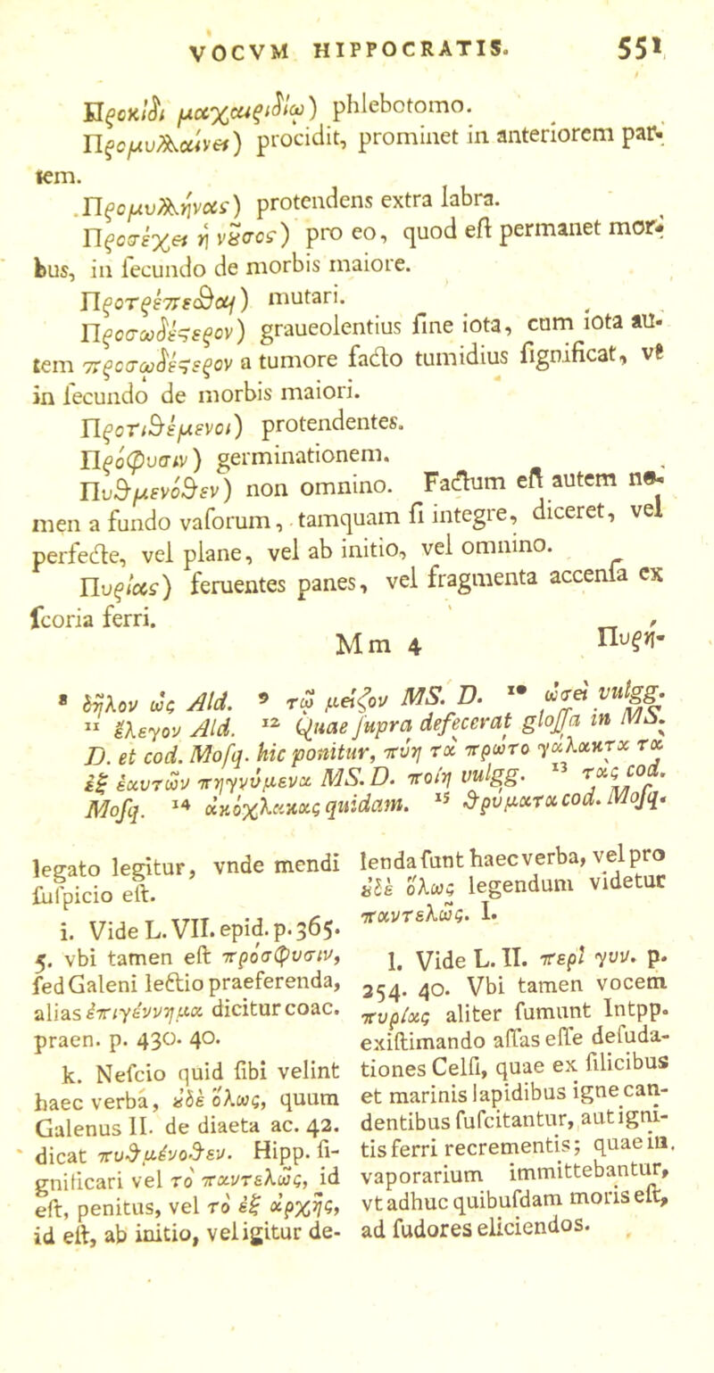 Hξοκίλ μαχΜξ^Ιω) phlebotomo. ΠξομυΑαίνα) procidit, prominet in anteriorem par- lem. .ΠξομυΑψοίε) protendens extra labra. Πξΰϊέχβί v\ vxac?) pro eo, quod eft permanet mor- bus, in fecundo de morbis maiore. Πξοτξέπε&οίΐ) mutari. Γίξοσοο^εξον) graueolentius fine iota, cum iota au> tem 7τξςο'αι^έ^εξον a tumore facio tumidius iigmficat, νβ in lecundo de morbis maiori. protendentes. Πξόφυσω) germinationem. ΤΙυ^μενόΒεν) non omnino. Fadhim eft autem ne* mena fundo vaforum, tamquam fi integre, diceret, vel perfedte, vel plane, vel ab initio, vel omnino. Π,υξίαε) feruentes panes, vel fragmenta accenfa ex fcoria ferri. , Mm 4 Πυ^' ίηλον ως Aid. 9 τω μήξον MS.D. ** 11 gXsyov Aid. 12 Quae Jupra defecerat glojja in /1/0. Jj. et cod. Mofq. hic ponitur, πνη τχ πρώτο γαλαχτ* rx έξ έαυτών πηγννμενχ MS. D. ποίη vulgg. 1 Wi»! Mofq. 14 οΐκάχλί'.χχς quidam. 15 δρυμχτκοοά. Mojq. legato legitur, vnde mendi fufpicio eft. i. Vide L.VII. epid.p. 365. 5. vbi tamen eft 7rpoa(pv<nv, fed Galeni leftio praeferenda, alias έπγέννημχ dicitur coac. praen. p. 430. 4°· k. Nefcio quid libi velint haec verba, «Se ολως, quum Galenus II. de diaeta ac. 42. * dicat 7Γυ$μένο%εν. Hipp. fi- gniticari vel το ττχντελώς, jid eft, penitus, vel το έξ ώρχης, id eft, ab initio, vel igitur de- lenda funt haecverba, vel pro tls ολως legendum videtur πχντελώς. I. 1. Vide L. II. repi yvv. p. 254. 40. Vbi tamen vocem πυρίχς aliter fumunt Intpp. exiftimando affas efLe deluda- tiones Celfi, quae ex filicibus et marinis lapidibus igne can- dentibus fufcitantur, aut igni- tis ferri recrementis; quaein, vaporarium immittebantur, vt adhuc quibufdam moris eft, ad fudores eliciendos.