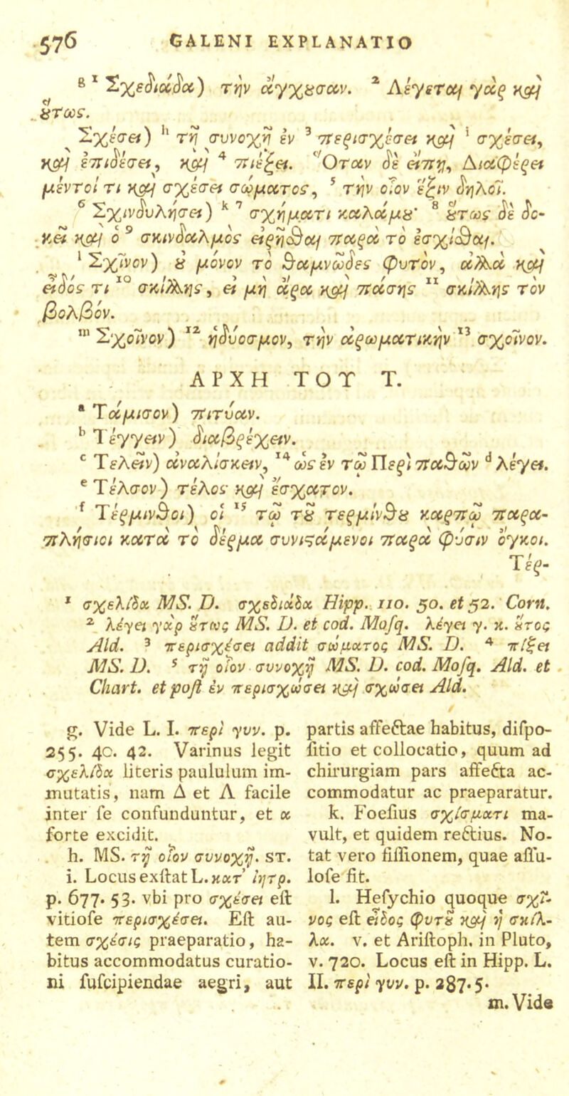 c/ atoi>s. 81 $a) την αγχασαν. 2 Λέγετομ γάξ v&j Σ%εσ«) *' τη συνοχή εν 3 στεξισχέσει ημμ 1 2 σχίσει, ϋομ ετπΑεσ», ηρ/q 4 7ηε£«. C/Oroiv <5e «π#, Διαφέςει μέντοΐτι χ&ι σχίσει σώματος, 5 τ>}ν ο?ον ε£<ν AVjAoT. 6 Σχινό'υλησει) k 7 σχηματι καλοί μα' 8 <$ε dc- Κ« ηομ ο 9 σκινόαλμος είξη&ομ παξοί το έσχ'ι&αμ 1 ’ϊ.χΧνον) 8 μόνον το -9Ocuvoodfs φυτόν, «Aoo ηαμ «dos· τ< σχ,ι/λης, « μη <χξα y&j στάσης σκι/λης τον βολβόν. n’ Σ%ο7νον) 12 ηδυοσμον, την οίξωματιχην 13 σχ,οΤνον. ΑΡΧΗ Τ Ο Τ Τ. * Τά μισόν) τϊιτΰαν. b Τeyyetv) άιαβξίχειν. c Τελ«ν) άναλίσχειν, 14 cos εν reo e Τελσον ) τέλος ηομ έσχατον. f Τεξμιν^οι) οι 15 τω τ$ τεξμΙνΒα χαςστω σταξα- σιλησιοι γ.ατα το $έςμα συνι^άμενοι παξά φυσιν oyxot. Τεξ- Πεξ) στάλων d λέγει. 1 σχελιδχ MS. D. σχεδιοΐδχ Hipp. 110. 50. et 52. Corn. 2 Xdyei yxp ετκς MS. D. et cod. Mofq. kdyci y. κ. htoq Aid. 3 ττερισχέσει addit σώματος MS. D. 4 -κίξεχ MS. D. s τη οΐον συνοχή MS. D. cod. Mofq. Aid. et Chart. etpofl έν περισχώσει xgq σχώσει Aid. / g. Vide L. I. 7repi yvv. p. 255. 40. 42. Varinus legit σχεΧ/δχ literis paululum im- mutatis, nam A et Λ facile inter fe confunduntur, et x forte excidit. h. MS. τη olov συνοχή. ST. i. Locus exftatL. κατ’ ιητρ. Ρ· 677. 53. vbi pro σχέσει eft vitiofe 7τερισχέσει. Eft au- tem σχέσις praeparatio, ha- bitus accommodatus curatio- ni fufeipiendae aegri, aut partis affe&ae habitus, difpo- fitio et collocatio, quum ad chirurgiam pars affedta ac- commodatur ac praeparatur. k. Foefius σχίσμχτι ma- vult, et quidem reftius. No- tat vero ftffionem, quae aflu- lofe fit. l. Hefychio quoque σ%Γ- νος eft είδος φυτϊί γομ rj σκίλ- λα. ν. et Ariftoph. in Pluto, v. 720. Locus eft in Hipp. L. II. περί yvv. p. 287· 5· xn. Vide