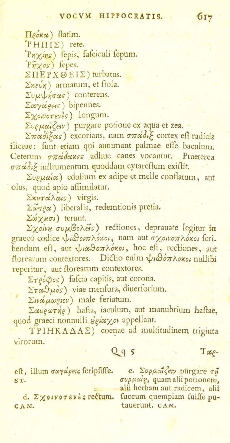 ΪΙζόν.α) flatim. ‘ΡΗΠΙΣ) rete. ‘Pν\χΙν\ς) fepis, fafcicuii fepum, ‘Pηχοε) Tepes. ΣΠΕΡΧΘΕΙΣ) turbatus. Σκευή ) armatum, et Aola. Συμ-ψησιχε) conterens. Σα,χάξειε) bipennes. Σχοινοτενεε} longum. Συξμοαζ&ν) purgare potione ex aqua et zea. Σ7rectas) excorians, nam σττοίάιξ cortex efl radicis iliceae: funt etiam qui autumant palmae eiTe baculum. Ceterum στεά^ακεε adhuc canes vocantur. Praeterea σποί^ιζ inflrumentum quoddam cytareflum exiilit. Συξμοeia) edulium ex adipe et meile conflatum, aut olus, quod apio aflimilatur. Σκυτιχλοαε) virgis. Σωςξοί) liberalia, redemtionis pretia. Σωχχσι) terunt. Σχοίνβ συμβόλβιε) rectiones, deprauate legitur in gracco codice ψκθο<7Τλοκοί, nam aut σχοινοπλόκοι fcri. bendum efl, aut ·ψ/αί)θ7τλοκο/, hoc efl, rediones, aut florearum contextores. Didio enim ·ψ<(Βο7Τλοκο; nullibi reperitur, aut florearum contextores. Στξίφοε ) fafcia capitis, aut corona. Στοί^μοε) viae menfura, diuerforium. Σινοίμωξίον') male feriatum. ΣοουξωτΥΐξ) hafla, iaculum, aut manubrium haflae, quod graeci nonnulli χξί&χον appellant. ΤΡΙΗΚΑΔΑΣ) coenae ad multitudinem triginta virorum. Qjl 5 Ί*ξ- eft, illum cxydpetg fcripfiffe. e. Συρμαιζειν purgare τη st. συρμαίη, quam alii potionem, alii herbam aut radicem, alii d. Σχοινοτ ενες reftum. fuccum quempiam fuifie pu- cam. tauerunt. cam.