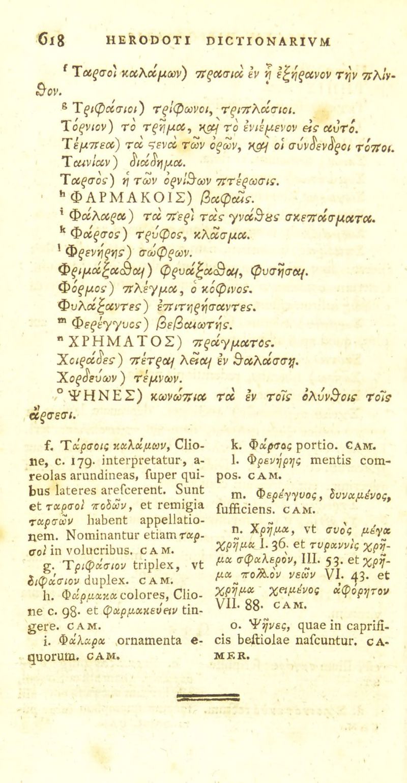 { Τούξσο) καλάμων) ττςασιά εν ή εζήςανον την 7τλΐν- &0V. 6 Τξιφασιοι) ΤξΙφωνοι, τριπλάσιοι. Τ οξνιον) το Τξ:ιψα, χομ το εν ιε μεν ον eis· αυτό. Ύεμπεα) τα ςενά των όξων, χομ ο'ι σΰνδενδξοι τόποι. Ταινίαν) ^ιάόημα. Ταςσοε) η των οξν&ων πτεξωσιε. h ΦΑΡΜΑΚΟΙΣ) βαφάάε. 1 Φάλαςα) τά π~εξ\ τάς γνά&ας σκεπάσματα. k Φάξσοί) Τξυφοε, κλάσμα. 1 Φξενήςηε) σωφςων. Φξιμά£α<&ομ) φξυά£α<Βομ, φυσήσομ. Φοξμος) πλέγμα, ο κοφινοε. Φυλά^αντεε) επιτηξήσαντεε. m Φεξέγγυοε) βεβαιωτηε. ΧΡΗΜΑΤΟΣ) πξάγματοε. Χοιξάόεε) πέτξομ λάομ εν $αλάσσ%. Χος^ευων) τέμνων. ° ΨΗΝΕΣ) κωνωπια τά εν τοΊε ολυν$οιε τοΊε άξσεσι. f. Τάρσοις καλάμων, Clio- lie, c. 179· interpretatur, a- reolas arundineas, fuper qui- bus lateres arefcerent. Sunt et ταρσοί ποίων, et remigia ταρσών habent appellatio- nem. Nominantur etiam ταρ. col in volucribus, c a m. g. Τριφάσιον triplex, vt διφάσιον duplex, cam, h. Φάρμακα colores, Clio- ne c. 98· et φαρμακεΰειν tin- gere. CAM. i. Φάλαρα ornamenta e- quorum. cam. k. Φάρσας portio. Cam. l. Φρενήρης mentis com- pos. CAM. m. Φερέγγυος, Ιυναμένος, fufficiens. cam. η. Χρήμα, vt συός μέγα χρήμα 1. 36. et τυραννίς χρή- μα σφαλερόν, 111. 53· et χρή- μα πο/λον νέων VI. 43· et χρήμα χαμένος άφόρητον VII. 88· cam. ο. Ψήνες, quae in caprifi- cis beiliolae nafcuntur. c Α- με r.