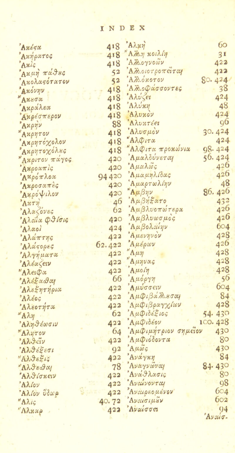 A ’Ακ?/ ρχτος ’Ακις ^ ’&κμη ποίβ-ας ’Ακολχςότχτον ‘λκόνην ’Ακασα ’λκροίλεχ ’Δ,ηρέαπερ ον ’α χρην Αρρητον \κρητόχολον *Α κρητοχόλκς νΑκριτον 7ταγος 'Ακροατ/ς ’Α^ροτλοα ’Ακροσατές ’Α κρόφιλον ’Λητη' ’Α λα<$ι/β$ ’Αλαία φβίσις ’Α λαο/ Άλΰίπτης Άλάςορες Άλγήμχτχ Άλέα^&ν ,;Α λ«φα Άλέξχάίϊχι Άλεξητη ριχ Άλέος ' Άλεοτητχ ‘Άλη ’ΑληβέοοσΜ Άλί/τον Άλβαν Άλβεξεσι ’Άλΰεξις ’’Αλβεό^ΰί] 'Αλ·3·/σπ«ν Άλίον Άλίον ΗΑλις ’Άλκχρ 4*8 4*8 4*8 52 52 418 4*8 4*8 4*8 88 4 * 8 4 * 8 4*8 420 420 94420 420 420 46 62 420 424 422 62.422 422 422 422 66 422 422 422 62 422 64 422 92 422 78 422 422 422 40. 72 422 ’Αλκη  Α?&η κοιλίη ’A/fa.oyvoav ’Α%.οιοτροττ&ται ’ Α/^όκοτον Ά/5ί.οφοίσσοντεζ Άλνζπ Άλΰκη ’Αλύκον ’Α λυκτέβι Άλυσμον * Αλφιτχ “Αλφιτα προκωνιχ ΆμχλΙΰνετ*.xj Άμχλως Άμχμηλίδχς ’ Αμαρτωλήν “ Αμβψ ’Α μβήξατο Άμβλνοττάτερχ Άμβ λνωσμος Άμβολοΰψ Άμενηνον ’Αμάραν ’Αμ-η ’ Αμηνας ’Α μοίη ’Α μόργη ’Αμνσσαν ’ΑμφφΛ&ΧΟΌΐι ’Αμφιβραγχίων Άμφιδέξιος ’Α μφιΐέον Άμφιμήτριον σημέίον Άμφιόδοντχ Άμως Ανάγκη Άνχγνωνχ) ’Ανάβλχσις ' AvcuvovTdj ’Α νχιρεομένον ’Α νοασιμΖν Άναίσσει 8° 6ο 3* 422 422 424 38 424 48 424 96 30. 424 424 98· 424 56. 424 426 426 48 86. 426 432 426 426 604 428 426 428 428 428 56 604 84 428 430 428 430 80 430 84 430 8ο 98 6ο4 602 94 Άνχίσ- 54· 1C0 84