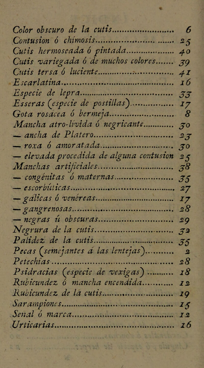 Color obscuro de la cutis Contusión 6 chímosis Cutis hermoseada ó pintada Cutis variegada ó de muchos colores Cutis tersa ó luciente Escarlatina Especie de lepra Esseras (especie de postillas) Gota rosacea 6 bermeja Mancha atro-lívida 6 negricante — ancha de Platero — roxa 6 amoratada — elevada procedida de alguna contusión Manchas artificiales — congenitas 6 maternas — escorbúticas — gálicas ó venéreas — gangrenosas — negras ú obscuras 6 25 4° 39 16 33 *7 8 30 23 30 25 38 35 *7 17 28 29 Negrura de la cutis ja Palidez de la cutis j$ Pecas semejantes d las lentejasj 2 Pe tecinas 28 Psidracias (especie de vexigasj 28 Rubicundez ó mancha encendida 12 Rubicundez de la cutis 19 Sarampiones 1 $ Señal ó marca 12 Urticarias 16