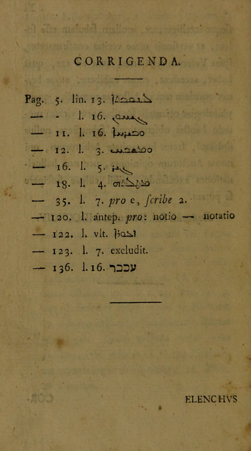 CORRIGENDA. 5. lin. 13. - 1. 16. 11. L 16. 12. 1. 3. «_w.a*.iOO l6. i. 5‘ ^ 18- 1. 4. M 35* 1. 7. pro e, fcribe 2. 120. 1. antep. pro: notio — 122. L vit. 123. 1. 7. excludit. 1 36. 1.16. nDDy notatio KLENCHVS