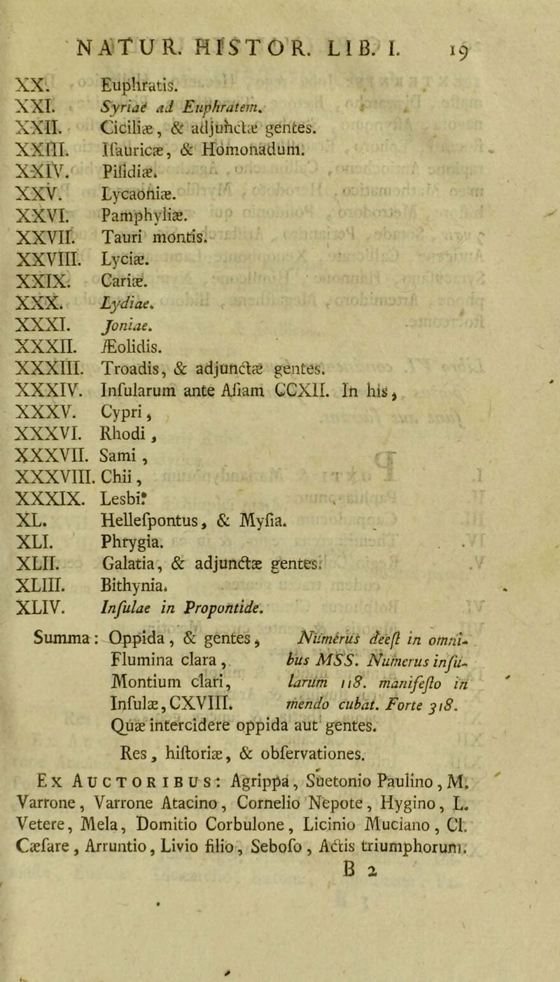^9 Euphratis. Syriad ad Euphratem, Cicilise, &amp; atljuhche gentes. Ilauricas, &amp; Homonadum. Pifidiae. ' Lycaoftix. Pamphylite. Tauri montis. LycicC. Carice. Lydiae, Joniae. iEolidis. Troadis, &amp; adjunctje gentes. Infularum ante Afiam CCXIL In his, Cypri, Rhodi, Sami, XX. XXI. XXII. xxni. XXIV. XXV. XXVL xxvir. XXVIII. XXIX. XXX. XXXI. xxxn. XXXIII. XXXIV. XXXV. XXXVI. XXXVII, XXXVIII. Chii, XXXIX. Lesbir XL. Hellefpontus, &amp; Myfia. XLI. Phrygia. XLII. Galatia, &amp; adjundlae gentes; XLIII. Bithynia. XLIV. Infulae in Propontide. Summa: Oppida , &amp; gentes, Flumina clara, Montium clari. Infula:, CXVIII. Quae intercidere oppida aut' gentes. Res, hiftoriae, &amp; obfervationes. Ex Auctoribus: Agrippa, Suetonio Paulino, M. Varrone, Varrone Atacino, Cornelio Nepote, Hygino, L. Vetere, Mela, Domitio Corbulone, Licinio Muciano, CI. Caefare, Arruntio, Livio filio, Sebofo , Aditis triumphorum. B a Numerus deefl in omni- bus MSS. Numerus infu- larum ii8. manifeflo iri mendo cubat. Forte ^i8.