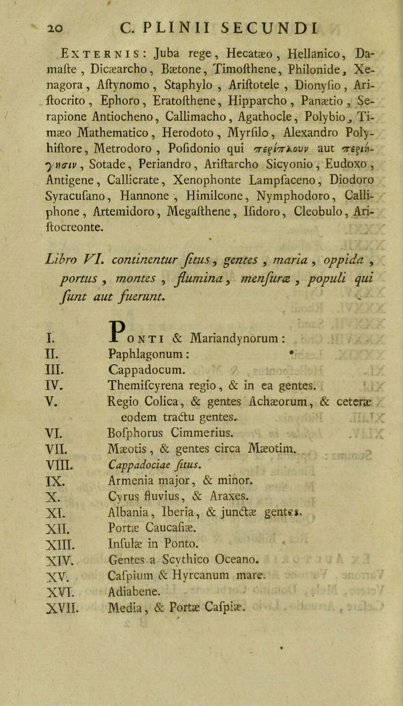 Externis: Juba rege, Hecatxo , Hellanico, Da- mafte , Dicsarcho, Bajtone, Tiniollhene, Philonide, Xe- nagora, A%nomo, Staphylo , Ariftotele , Dionyfio , Ari- ftocrito , Ephoro , Eratofthene, Hipparcho , Panaetio , Se- rapione Antiocheno, Callimacho, Agathocle, Polybioj Ti- maeo Mathematico , Herodoto , Myrfilo, Alexandro Poly- hiftore, Metrodoro , Pofidonio qui rre^t'^kovv aut rre^ii)- yna-tv, Sotade, Periandro, Ariftarcho Sicyonio, Eudoxo, Antigene, Callicrate, Xenophonte Lampfaceno, Diodoro Syracufano, Hannone , Himilcone, Nymphodoro, Calli- phone , Artemidoro, Megafthene, Ifidoro, Cleobulo, Ari- ftocreonte. Libro VI. continentur jitiis, gentes , maria , oppida , portus , montes , jlumina, menfurce , populi qui funt aut fuerunt. I. Ponti &amp; Mariandynorum: II. Paphlagonum; • III. Cappadocum. IV. Themifcyrena regio, &amp; in ea gentes, V. Regio Colica, &amp; gentes Achaeorum, eodem tradtu gentes. VI. Bofphorus Cimmerius. VII. Maeotis, &amp; gentes circa Maeotim. VIIL Cappadociae fitus. IX. Armenia major, &amp; minor. X. Cyrus fluvius, &amp; Araxes. XT. Albania, Iberia, &amp; jundtae gente». Xll. Portae Caucafiae, xin. Infulae in Ponto. XIV. Gentes a Scythico Oceano. XV. Cafpium &amp; Hyrcanum mare. XVT. Adiabene. XVII. Media, &amp; Portae Cafpiae.