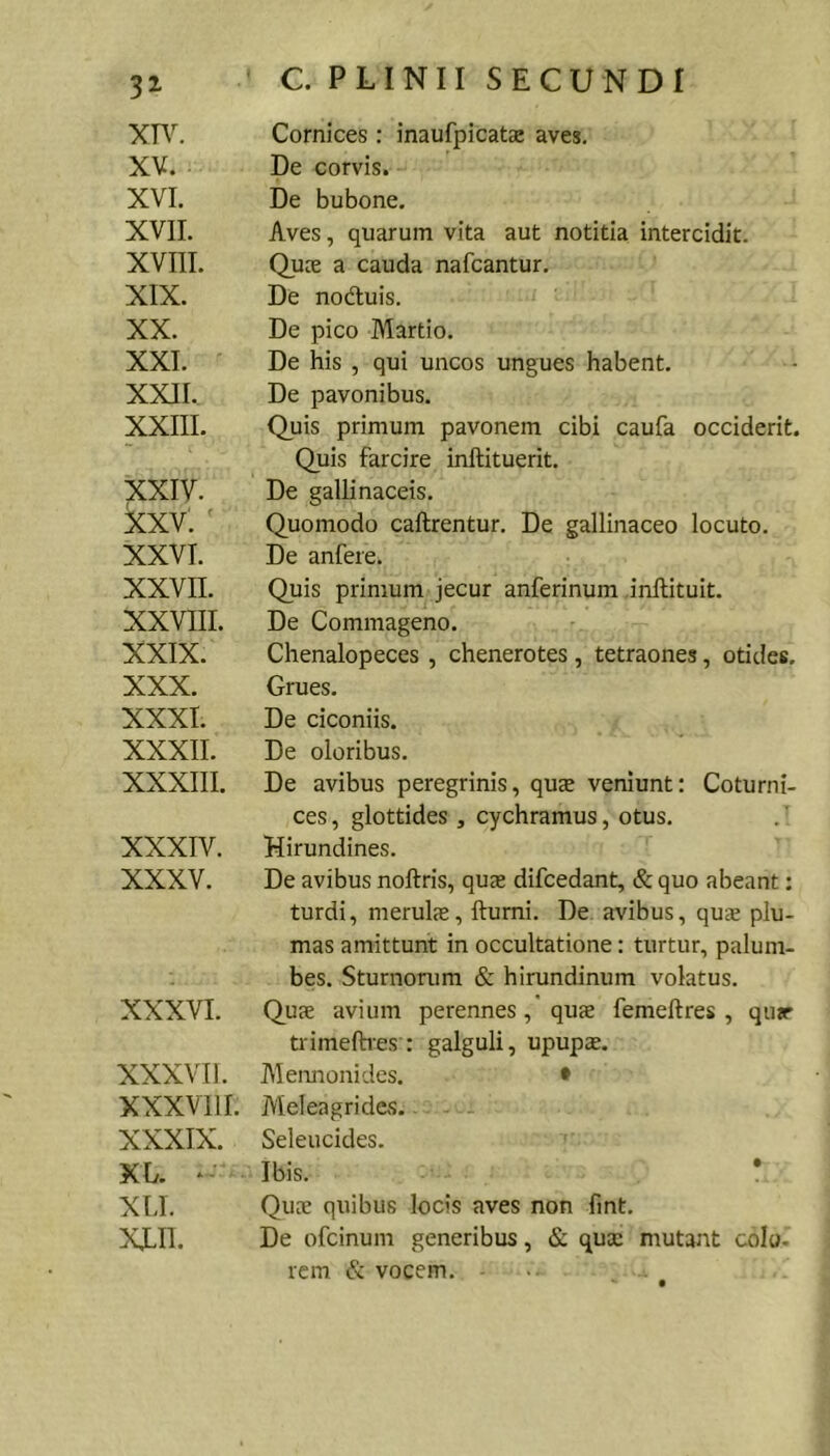 xn^ XV. . XVI. XVII. XVIII. XIX. XX. XXI. XXII. XXIII. XXIV. XXV. XXVI. xxvn. XXVIII. XXIX. XXX. XXXI. XXXII. XXXIII. XXXIV. XXXV. XXXVI. XXXVIl. XXXVllI. XXXIX. Xly. ‘- XIJ. XJLII. C. P L I N11 SECUNDI Cornices : inaufpicatae aves. De corvis. De bubone. Aves, quarum vita aut notitia intercidit. Quje a cauda nafcantur. De noduis. De pico Martio, De his , qui uncos ungues habent. De pavonibus. Quis primum pavonem cibi caufa occiderit. Quis farcire inftituerit. De gallinaceis. Quomodo caftrentur. De gallinaceo locuto. De anfere. Quis primum jecur anferinum inftituit. De Commageno, Chenalopeces , chenerotes, tetraones, otides. Grues. De ciconiis. De oloribus. De avibus peregrinis, quse veniunt: Coturni- ces , glottides , cychramus, otus. Hirundines. De avibus noftris, quas difcedant, & quo abeant: turdi, merulas, ftumi. De avibus, qus plu- mas amittunt in occultatione: turtur, palum- bes. Sturnorum & hirundinum volatus. Quae avium perennes, quae femeftres , qur trimefh-es: galguli, upupae. Aleimonides. * Meleagrides. Seleucides. Ibis. Quae quibus locis aves non fint. De ofcinum generibus, & quae mutairt colo, rem d vocem.