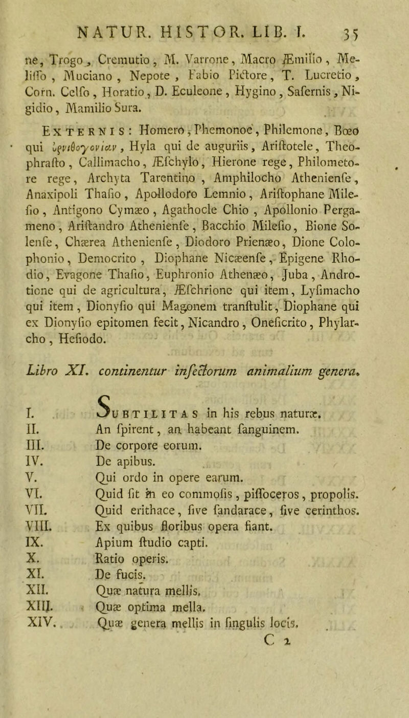 ne, Trogo, Cremutio, M. Varrone, Macro iEmilio, Me- lilfo , Muciano, Nepote, Fabio Pidore, T. Lucretio, Corn. Cclfo , Horatio, D. Eculeone , Hygino , Safernis , Ni- gidio, Mamilio Sura. Externis: Homero j Phemonoe, Philemone, Boeo qui l^vdoyoviuv, Hyla qui de auguriis, Ariftotele, Theo- phrafto , Callimacho, iElchylo, Hierone rege, Philometo- re rege, Archyta Tarentino , Amphilocho Athenienfe, Anaxipoli Thafio , Apollodoro Lemnio , Ariftophane Mile- fio, Antigono Cymaeo, Agathocle Chio , Apollonio Perga- meno , Ariftandro Athenienle, Bacchio Milefio, Bione So- lenfe, Chaerea Athenienfe, Diodoro Prienaeo, Dione Colo- phonio , Democrito , Diophane Nicaeenfe, Epigene Rho- dio, Evagone Thafio, Euphronio Athenaeo, Juba, Andro- tione qui de agricultura, TEfchrionc qui item, Lyfimacho qui item, Dionyfio qui Magonem tranftulit, Diophane qui ex Dionyfio epitomen fecit, Nicandro, Oneficrito, Phylar- cho , Hefiodo. Lihro XL continentur inferorum animalium genera* L Su B T IL I T A s in his rebus naturar. II. An fpirent, an habeant fanguinem. III. De corpore eorum. IV. De apibus. V. Qui ordo in opere earum. VI. Quid fit fn eo commolis, piffoceros, propolis. VTI. Quid erithace, five fandarace, five cerinthos. VIII. Ex quibus floribus opera fiant. IX. Apium ftudio capti. X. Ratio operis. XI. De fucis. XII. Quas natura mellis. XIIJ, Quas optima mella. XIV. Qiiae genera mellis in fingulis locis. c ^