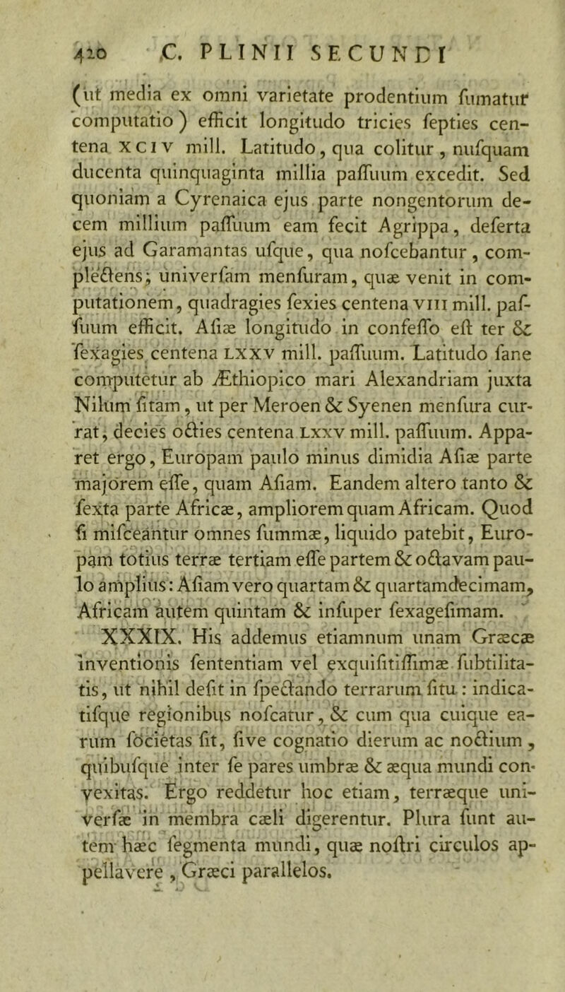 (lit media ex omni varietate prodentium fumatur computatio) efficit longitudo tricies feptles cen- tena xciv mili. Latitudo, qua colitur , nufquam ducenta quinquaginta millia palTuum excedit. Sed quoniam a Cyrenaica ejus parte nongentorum de- cem millium palTuum eam fecit Agrippa, deferta ejus ad Garamantas ufque, qua nofcebantur , com- ple£lens; univerfam menfuram, quae venit in com- putationem, quadragies fexies centena viii mill. paf- fuum efficit. Afiae longitudo in confeffo eft ter fexagies centena Lxxv mill. paffi.ium. Latitudo fane computetur ab ffilthiopico mari Alexandriam juxta Nilum litam, ut per Meroen & Syenen menfura cur- rat^ decies ofties centena Lxxv mill. paffiium. Appa- ret ergo, Europam paulo minus dimidia Afiae parte majorem effe, quam Afiam. Eandem altero tanto & fexta parte Africae, ampliorem quam Africam. Quod fi mifceantur omnes fummae, liquido patebit, Euro- pam totius terrae tertiam effe partem & odavam pau- lo amplius: Afiam vero quartam & quartamctecimam, Africam autem quintam infuper fexagefimam. XXXIX. His addemus etiamnum unam Graecae inventionis fententlam vel exquifitlffimae fubtilita- tis, ut nihil defit in fpedando terrarumfitu: indica- tifque regionibus nofcarur, & cum qua cuique ea- rum fbcietas fit, fi ve cognatio dierum ac nodiiim , qiiibufque inter fe pares umbrae & aequa mundi con- vexitas. Ergo reddetur hoc etiam, terraeque uni- verfae in membra caeli digerentur. Plura funt au- tem haec fegmenta mundi, quae noflri circulos ap- pellavere , Graeci parallelos.