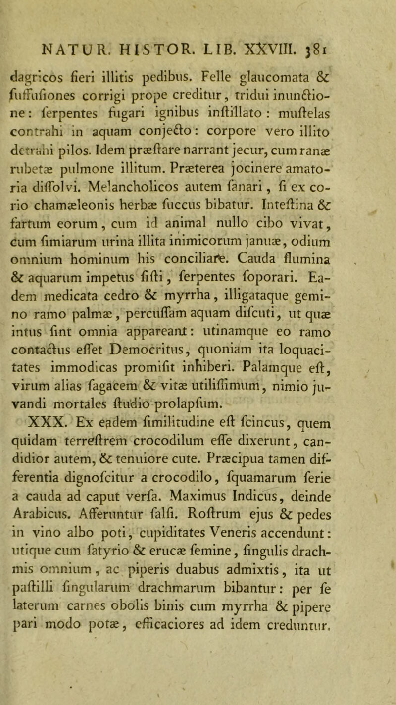 dagricos fieri illitis pedibus. Felle glaucomata & fuffufiones corrigi prope creditur, tridui inun&io- ne: ierpentes fugari ignibus inftillato : muftelas contrahi in aquam conjetto: corpore vero illito detrahi pilos. Idem praeftare narrant jecur, cum ranae rubetae pulmone illitum. Praeterea jocinere amato- ria diffolvi. Melancholicos autem fanari, fi ex co- rio chamaeleonis herbae fuccus bibatur. Inteflina &£ fartum eorum , cum id animal nullo cibo vivat, cum fimiarum urina illita inimicorum januae, odium omnium hominum his conciliare. Cauda flumina & aquarum impetus fifti, ferpentes foporari. Ea- dem medicata cedro & myrrha, illigataque gemi- no ramo palmae , percuffam aquam difcuti, ut quae intus fint omnia appareant: utinamque eo ramo conta&us effet Democritus, quoniam ita loquaci- tates immodicas promifit inhiberi. Palamque efi, virum alias Tagacem & vitae utiliflxmum, nimio ju- vandi mortales ftudio prolapTum. XXX. Ex eadem fimilitudine efl: fcincus, quem quidam terreftrem crocodilum effe dixerunt, can- didior autem, & tenuiore cute. Praecipua tamen dif- ferentia dignofcitur a crocodilo, fquamarum ferie a cauda ad caput verfa. Maximus Indicus, deinde Arabicus. Afferuntur falfi. Roftrum ejus & pedes in vino albo poti, cupiditates Veneris accendunt: utique cum fatyrio & erucae femine, fingulis drach- mis omnium, ac piperis duabus admixtis, ita ut paftilli lingularum drachmarum bibantur: per Te laterum carnes obolis binis cum myrrha & pipere pari modo potae, efficaciores ad idem creduntur.