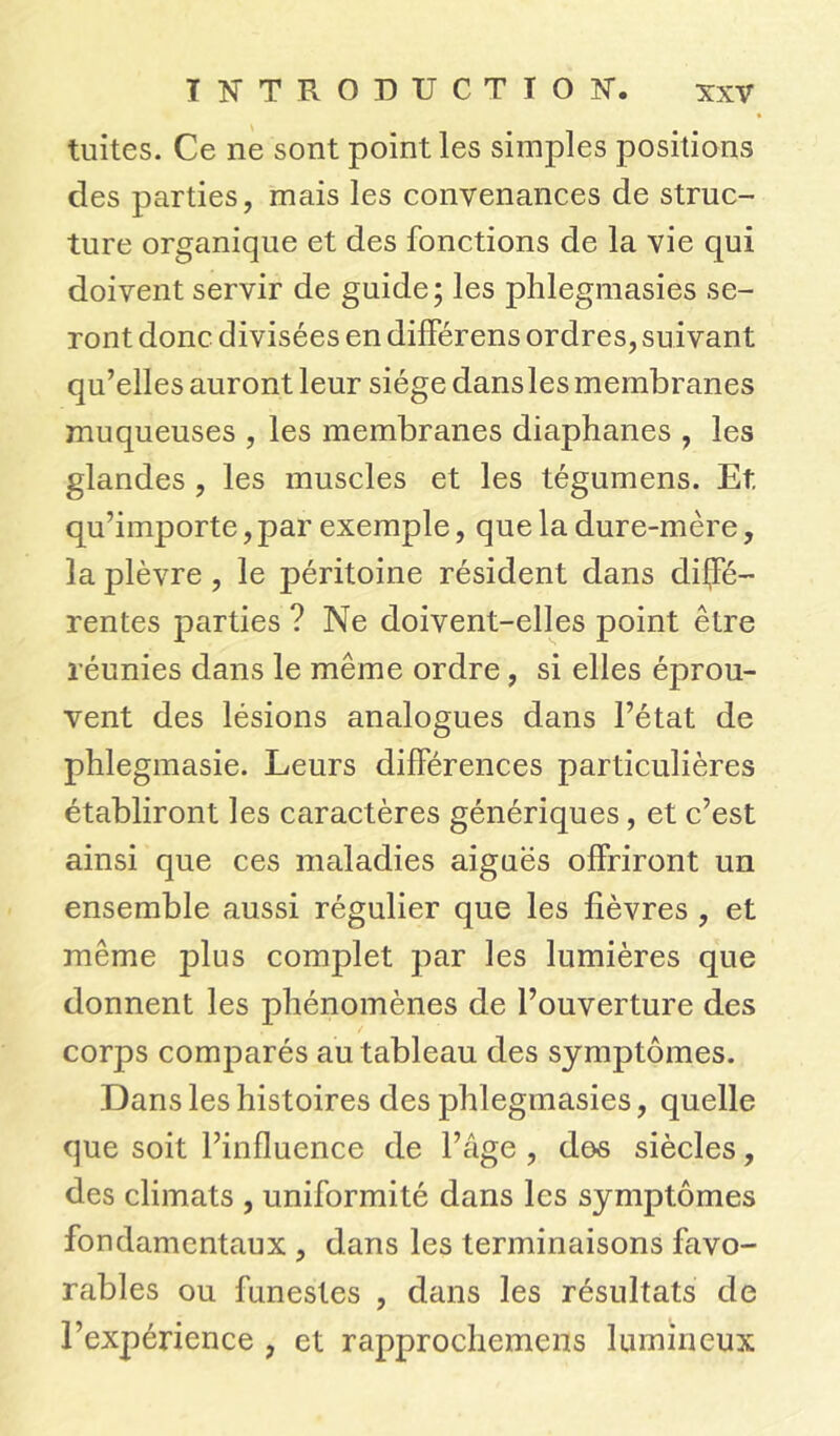 tuites. Ce ne sont point les simples positions des parties, mais les convenances de struc- ture organique et des fonctions de la vie qui doivent servir de guide; les phlegmasies se- ront donc divisées en différens ordres, suivant qu’elles auront leur siège dansles membranes muqueuses , les membranes diaphanes , les glandes , les muscles et les tégumens. Et qu’importe, par exemple, que la dure-mère, la plèvre , le péritoine résident dans diffé- rentes j)arties ? Ne doivent-elles point être réunies dans le même ordre , si elles éprou- vent des lésions analogues dans l’état de phlegmasie. Leurs différences particulières établiront les caractères génériques, et c’est ainsi que ces maladies aiguës offriront un ensemble aussi régulier que les fièvres , et même plus complet par les lumières que donnent les phénomènes de l’ouverture des corps comparés au tableau des symptômes. Dans les histoires des phlegmasies, quelle que soit l’influence de l’âge , des siècles, des climats , uniformité dans les symptômes fondamentaux , dans les terminaisons favo- rables ou funestes , dans les résultats de l’expérience , et rapprochemens lumineux