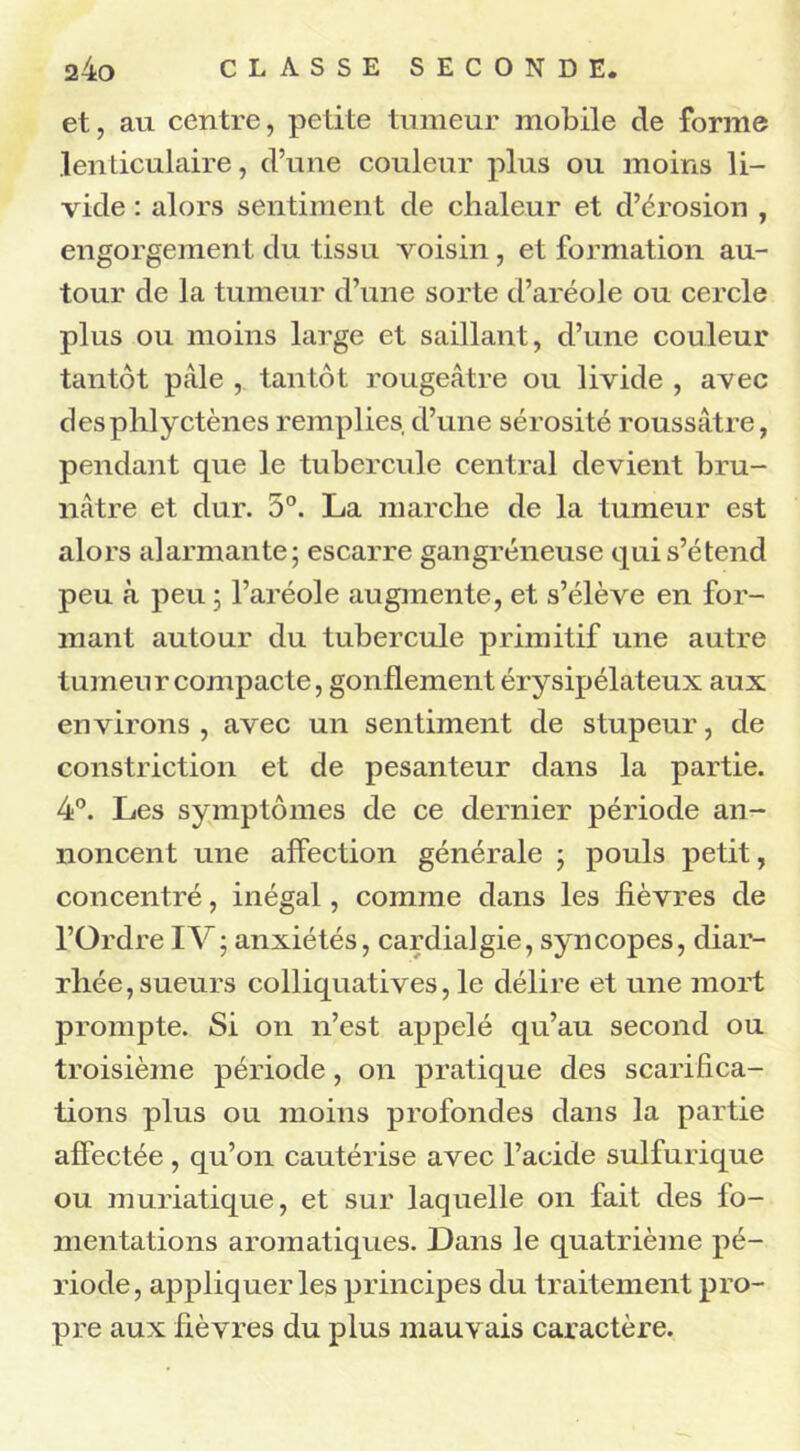 et, au centre, petite tumeur mobile de forme lenticulaire, d’une couleur plus ou moins li- vide : alors sentiment de chaleur et d’érosion , engorgement du tissu voisin , et formation au- tour de la tumeur d’une sorte d’aréole ou cercle plus ou moins large et saillant, d’une couleur tantôt pâle , tantôt rougeâtre ou livide , avec desphlyctènes remplies, d’une sérosité roussâtre, pendant que le tubercule central devient bru- nâtre et dur. 5°. La marche de la tumeur est alors alarmante; escarre gangréneuse qui s’étend peu à peu ; l’aréole augmente, et s’élève en for- mant autour du tubercule primitif une autre tumeur compacte, gonflement érysipélateux aux environs , avec un sentiment de stupeur, de constriction et de pesanteur dans la partie. 4°. Les symptômes de ce dernier période an- noncent une affection générale ; pouls petit, concentré, inégal, comme dans les fièvres de l’Ordre IV; anxiétés, cardia]gie, syncopes, diar- rhée, sueurs colliquatives, le délire et une mort prompte. Si on n’est appelé qu’au second ou troisième période , on pratique des scarifica- tions plus ou moins profondes dans la partie affectée , qu’on cautérise avec l’acide sulfurique ou muriatique, et sur laquelle on fait des fo- mentations aromatiques. Dans le quatrième pé- riode, appliquer les principes du traitement pro- pre aux fièvres du plus mauvais caractère.