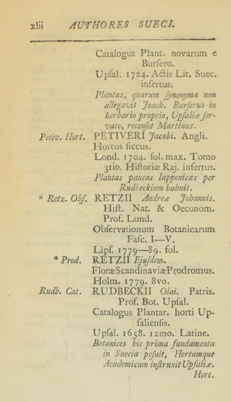 Catalogus Piant, novarum c Burfero. Upfal. 1724. Adis Lit. Suec. infertus. Rlantas^ quarum Jynonyma non allegavit Joach. Burjerus in herbario proprio, Upjalice fer- vat 0, recenjet Martinus. Petiv. llort. PETI VERI Jacobi. Angli. Hoitus ficcus. Lond. 1704. fol. max. Tomo 3tio. Hiftori^e Raj. infertus. Plahtas paucas lapponicas per Rudheckium habuit. ^ Retz. ObJ. RETZIl Andre^e Johannis. Hift. Nat. & Oeconom. Prof. Lund. Obfervationum Botanicarum Fafc. 1—V. Lipf. 1779—89. fol. Prod, RETZII Ejujdem^ FlorseScandinaviseProdromus. Holm. 1779. 8vo. Rudb, Cat. RUDBECKII Olai. Patris. Prof. Bot. Upfal. Catalogus Plantar. horti Up- falienfis. Upfal. 1658. i2tTio. Latine. Botanices hic prima fundamenta in Suecia ‘ pcfuit, Hortum que Academicum infiruxit Upfali^e. Hort,