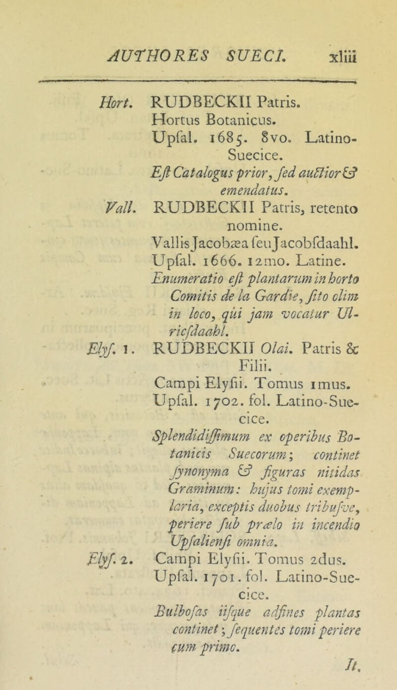 Hort. ValL ElyJ. 1. FJyf. 2. RUDBECKII Patris. Hortus Botaniqus. Upfal. 1685. 8vo. Latino- Suecice. Eft Catalogus prior, Jed auElioriA emendatus. RUDBECKII Patris, retento nomine. Vallis Jacobtea feujacobfdaahl. Upfal. 1666. 121110. Latine. Enumeratio eft plantaruminhorto Comitis de la Gardie, fito olim in loco, qiii jam vocatur UE ricfdaaht. RUDBECKII Olai. Patris & Filii. . Campi Elyfii. Tomus imus. Upfal. 1702. fol. Latino-Suc- ci ce. Splendidi/Jimum ex operibus Bo~ tanicis Suecorum; continet Jynonyyna & figuras nitidas Graminum: hujus tomi exemp- laria, exceptis duobus iribujve, periere Jub praelo in incendia Upjalienfi omnia. Campi Elyfii. Tomus 2cius. Upfal. 1701. fol. Latiiio-Suc- cice. Bulbofas iijque adfines plantas continet; Jequentes tomi periere (um primo. It.