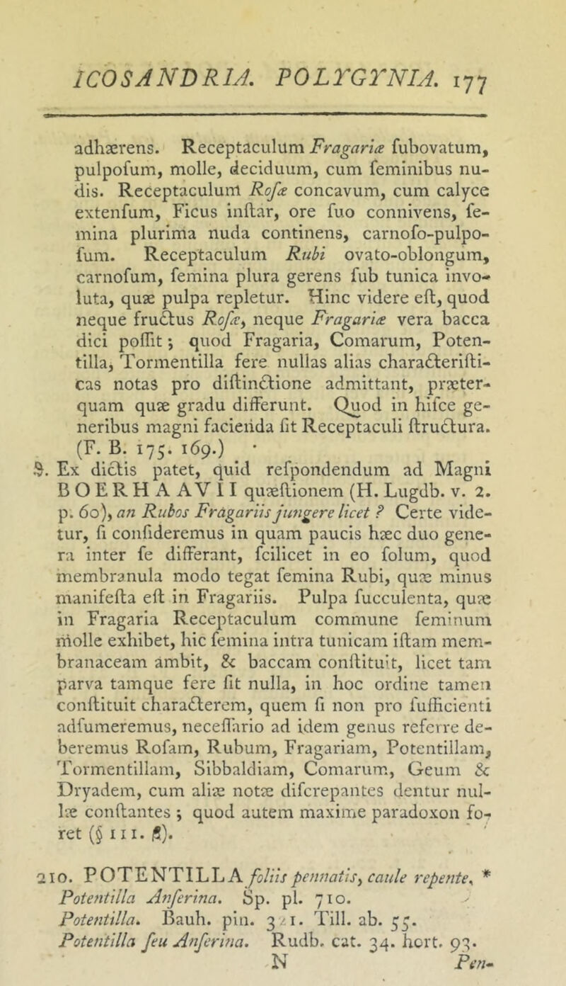 adhaerens. Receptaculum Fragarta fubovatum, pulpofum, molle, deciduum, cum feminibus nu- dis. Receptaculum Rofa concavum, cum calyce extenfum. Ficus inftar, ore fuo connivens, fe- mina plurima nuda continens, carnofo-pulpo- fum. Receptaculum Rubi ovato-oblongum, carnofum, femina plura gerens fub tunica invo- luta, quae pulpa repletur. Hinc videre eft, quod neque fru£lus R.ofa:^ neque Fragarite vera bacca dici poflit •, quod Fragaria, Comarum, Poten- tilla, Tormentilla fere nullas alias chara^ferifti- cas notas pro diftin^tione admittant, prxter- quam quae gradu differunt. Quod in hifce ge- neribus magni facieiida fit Receptaculi ftrudlura. (F. B. 175. 169.) Ex dictis patet, quid refpondendum ad Magni BOERHAAVII quaellionem (H. Lugdb. v. 2. p. 6o), an Rubos Fr&gariis jungere licet ? Certe vide- tur, fi confideremus in quam paucis haec duo gene- ra inter fe differant, fcilicet in eo folum, quod membranula modo tegat femina Rubi, quae minus manifefta eft in Fi*agariis. Pulpa fucculcnta, quae in Fragaria Receptaculum commune feminum niolle exhibet, hic femina intra tunicam iftam mem- branaceam ambit, & baccam conllituit, licet tam parva tamque fere fit nulla, in hoc ordine tamen conftituit charaiftercm, quem fi non pro fufficienti adfumeremus, neceflhrio ad idem genus referre de- beremus Rofam, Rubum, Fragariam, Potentillam, Tormentillam, Sibbaldiam, Comarum, Geum & Dryadem, cum alias notre diferepantes dentur nul- lae eonftantes j quod autem maxime paradoxon fo- ret (§ III. fi). 210. POTENTILLA /o/Hs pennatis ■f caule repente. * Potentilla Anferina. Sp. pl. 710. Poteniilla. Bauh. pin. 3/1. Till. ab. 35. Potentilla feu Anferina. Rudb. cat. 34. hort. 93. N Pen-