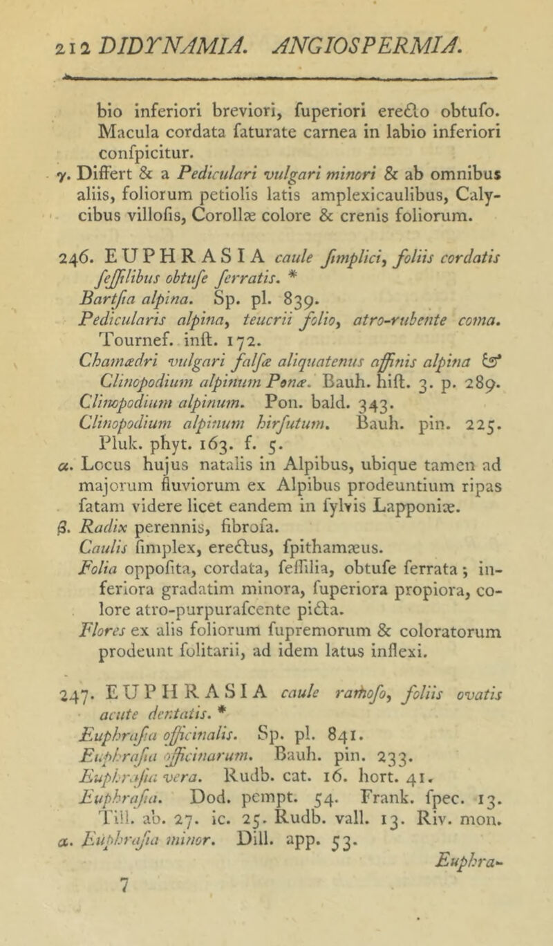 bio inferiori breviori, fuperiori ere£lo obtufo. Macula cordata faturate carnea in labio inferiori confpicitur. y. Differt & a Pediculari vulgari minori & ab omnibus aliis, foliorum petiolis latis amplexicaulibus, Caly- ' cibus villofis. Corollae colore & crenis foliorum. 246. EUPHRASIA caule Jtmplicif foliis cordatis fejjtlibus obtufe ferratis. * Bartfta alpina. Sp. pl. 839. Pedicularis alpina^ teucrii folioy atro-rubente coma. Tournef. inft. 172. Chamadri vulgari falfce aliquatenus affinis alpina Ss* Clinopoditim alpinum Petue. Bauh. hift. 3. p. 289. Climpodium alpinum. Pon. bald. 343. Clinopodium alpinum hirfutum. Bauh. pin. 225. Pluk. phyt. 163. f. 5. «. Locus hujus natalis in Alpibus, ubique tamen ad majorum fluviorum ex Alpibus prodeuntium ripas fatam videre licet eandem in fylvis Lapponiae. Radix perennis, fibroia. Caulis fimplex, eredfus, fpithamaeus. Folia oppofita, cordata, felfilia, obtufe ferrata; in- feriora gradatim minora, fuperiora propiora, co- lore atro-purpurafeente pi£la. Flores ex alis foliorum fupremorum & coloratorum prodeunt folitarii, ad idem latus inflexi. 247. EUPHRASIA caule rarhofoy foliis ovatis acute dentatis. * Euphrafa offcinalis. Sp. pl. 841. Euphrafui officinarum. Bauh. pin. 233. Eupi.rafui vera. Rudb. cat. 16. hort. 41. Euphrafa. Dod. pempt. 54. Frank. fpec. 13. Till. ab. 27. ic. 25. Rudb. vall. 13. Riv. mon. a. Euphrafa minor. Dill. app. ^3. Euphra- 7