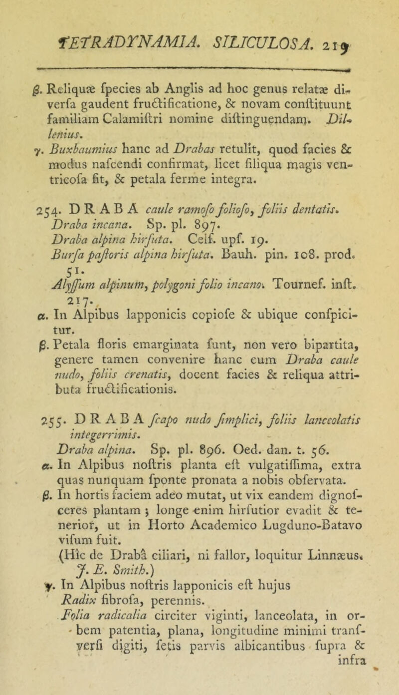 21^ Reliquse fpecies ab Anglls ad hoc genus relatse dl- verfa gaudent fructificatione, & novam conftituunt familiam Calamillri nomine diftinguendan]. DiU lenius. 7. Buxbaumius hanc ad Drabas retulit, quod facies & modus nafcendi confirmat, licet filiqua magis ven- tricofa fit, & petala ferme integra. 254. DRABA caule ramofo foliofoj foliis dentatis. Draba incana. Sp. pl. 897. Draba alpina hirfuta. Ceif. upf. 19. Burfa pajhris alpina hirfuta, Bault. pin. 108. prod» 5^* . Alyffum alpinunij polygoni folio incano’. Tournef. init. 217., a. In Alpibus lapponicis copiofe & ubique confpicl- tur. p. Petala floris emarglnata funt, non vero bipartita, genere tamen convenire hanc cum Draba caule nudo^ foliis crenatis, docent facies & reliqua attri- buta fruClificationis. 255. DRABA fcapo nudo fimplici, foliis lanceolatis integerrimis. Draba alpina. Sp. pl. 896. Oed. dan. t. 56. «. In Alpibus noftris planta eft vulgatiflima, extra quas nunquam fponte pronata a nobis obfervata. In hortis faciem adeo mutat, ut vix eandem dignof- ceres plantam j longe -enim hirfutior evadit & te- nerior, ut in Horto Academico Lugduno-Batavo vifum fuit. (Hic de DrabS. ciliari, ni falloi', loquitur Linnaeus* f. E. Srnith.) y. In Alpibus noftris lapponicis eft hujus Radix fibrofa, perennis. Folia radicalia circiter viginti, lanceolata, in or- ' bem patentia, plana, longitudine minimi tranf- verfi digiti, fetis parvis albicantibus fupra & infra