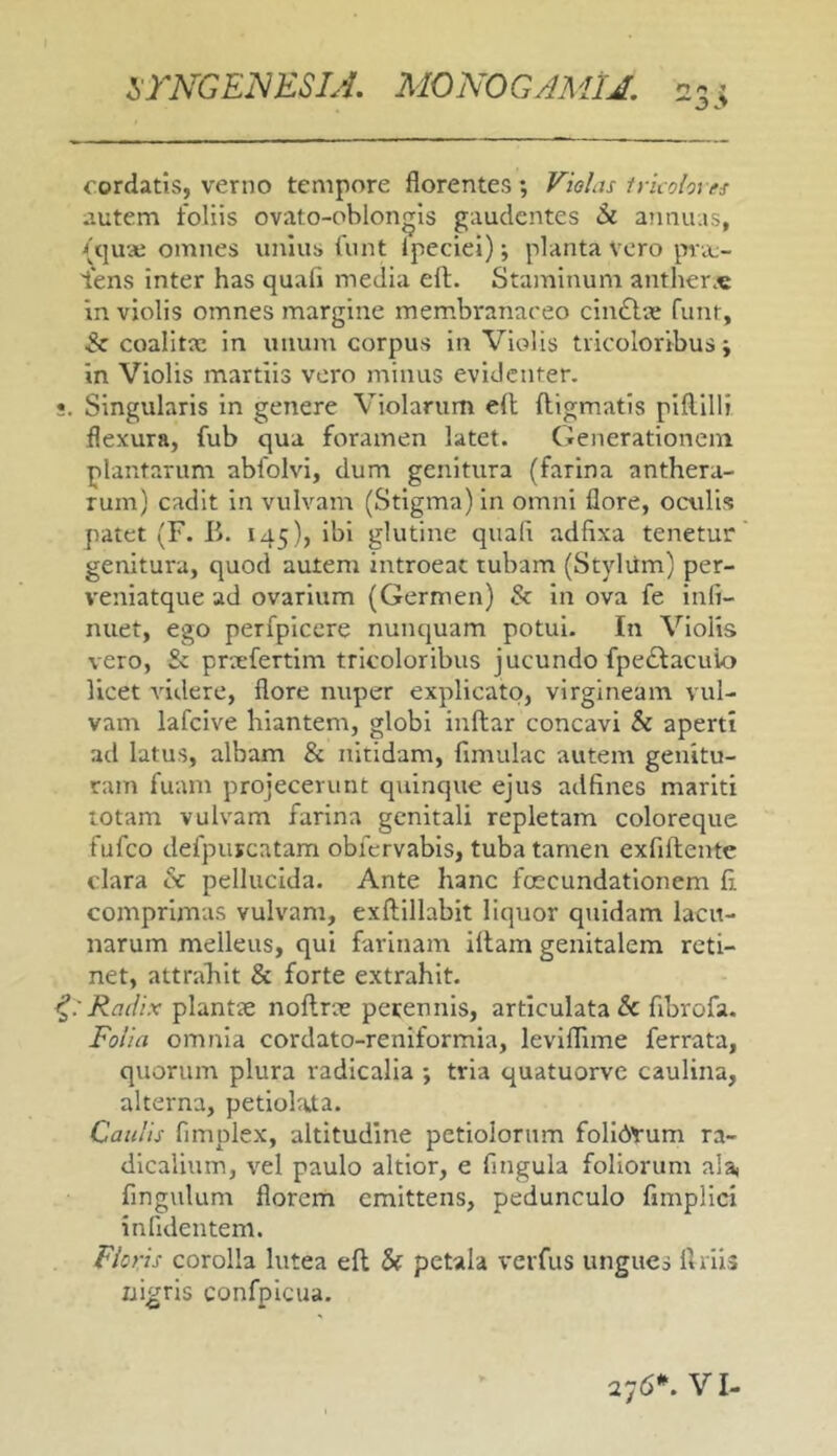 !,rNGENESIJ. MOmGAMll. 23j; cordatis, verno tempore florentes ; Violas irivolores autem foliis ovato-oblongis gaudentes h annuas, ujua; omnes unius (unt ipeciei); plantavero praj- 1*ens inter has quali media eft. Staminum anther.c in violis omnes margine membranaceo cindlie funt, coalitx in unum corpus in Violis tvicoloribus; in Violis martiis vero minus evidenter. !. Singularis in genere Violarum elt digmatis pifUlli flexura, fub qua foramen latet. Cienerationem plantarum abfolvi, dum genitura (farina anthera- rum) cadit in vulvam (Stigma) in omni flore, ocitlls patet (F. I>. 145), ibi glutine quali adfixa tenetur genitura, quod autem introeat tubam (StylUm) per- veniatque ad ovarium (Germen) & in ova fe inli- nuet, ego perfpiccre nunquam potui. In Violis vero, & prrefertim tricoloribus jucundo fpe£lacuio licet videre, flore nuper explicato, virgineam vul- vam lafcive hiantem, globi indar concavi & aperti ad latus, albam Sc nitidam, limulae autem genitu- ram fuam projecerunt quinque ejus adfines mariti totam vulvam farina genitali repletam coloreque fufeo defpurcatam obfervabls, tuba tamen exfidente clara & pellucida. Ante hanc foecundatlonem d comprimas vulvam, exdillabit liquor quidam lacu- narum melleus, qui farinam illam genitalem reti- net, attrablt & forte extrahit. Radix plantae nodree perennis, articulata & flbrofa. Folia omnia cordato-reniformia, leviflime ferrata, quorum plura radicalia ; tria quatuorve caulina, alterna, petiohvta. Caulis fimplex, altitudine petiolorum folIdVum ra- dlcalium, vel paulo altior, e fingula foliorum alai fingulum florem emittens, pedunculo fimpllci infidentem. Floris corolla lutea ed & petala verfus ungues flriis nigris confpicua. 276*. VI-