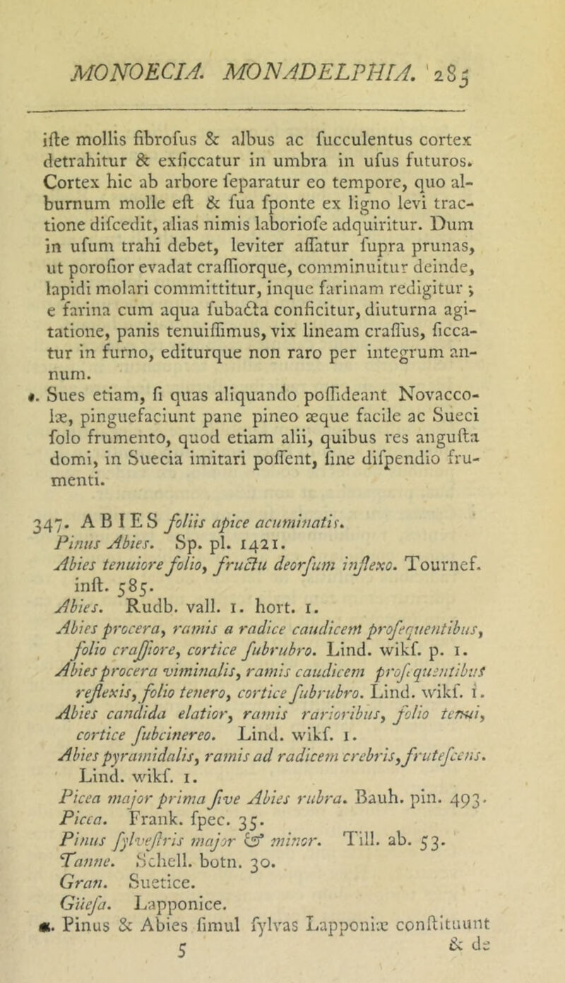 MONOECI A. MONADELPHIA.'!^^ ifte mollis fibrofus & albus ac fucculentus cortex detrahitur & exficcatur in umbra in ufus futuros. Cortex hic ab arbore feparatur eo tempore, quo al- burnum molle ell & fua fponte ex ligno levi trac- tione difcedit, alias nimis laboriofe adquiritur. Dum in ufum trahi debet, leviter affatur fupra prunas, ut porofior evadat craffiorque, comminuitur deinde, lapidi molari committitur, inquc farinam redigitur ; e farina cum aqua fuba£ta conficitur, diuturna agi- tatione, panis tenuiffimus, vix lineam craflus, ficca- tur in furno, editurque non raro per integrum an- num. «. Sues etiam, fi quas aliquando poffideant Novacco- las, pinguefaciunt pane pineo seque facile ac Sueci folo frumento, quod etiam alii, quibus i*es angufta domi, in Suecia imitari poffent, fine difpendio fru- menti. 347. ABIES foliis apice acumhiatit^ Fimis Abies. Sp. pl. 1421. Abies tenuiore foUoy fructu deorfum infexo. Tournef. inft. 585. Abies. Rudb. vall. r. hort. i. Abies procera^ ramis a radice caudicem profeqnentibiiSy folio crajjiore^ cortice fubrubro. Lind. wikf. p. i. Abies procera viminalis^ ramis caudicem prof qiisntibuf refexis ^ folio tenero ^ cortice fubrubro. Lind. wikf. i. Abies candida elatior^ ramis rarioribusy folio tenui, cortice fubcinereo. Lind. wikf. i. Abies pyramidalis, ramis ad radicem crebris,frutefccns. Lind. wikf, i. Picea major prima five Abies rubra. Bauh. pin. 493. Picea. Frank. fpcc. 35. Pinus fylvefris major Of minor. Till. ab. 53. Panne. Schell. botn. 30. Gran. Suetice. Giiefa. 1/apponice. «. Pinus & Abies fimul fylvas Lapponix conftituunt c «k de