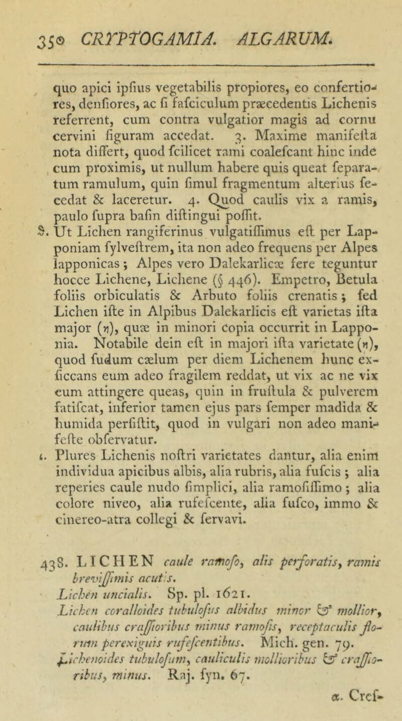 quo apici ipfius vegetabilis propiores, eo confertior res, denfiores, ac fi fafciculum praecedentis Lichenis referrent, cum contra vulgatior magis ad cornu cervini figuram accedat. 3. Maxime manifeila nota differt, quod fcilicet rami coalefcant hinc inde cum proximis, ut nullum habere quis queat fepara- tum ramulum, quin fimul fragmentum alterius fe- cedat & laceretur. 4. Quod caulis vix a ramis, paulo fupra bafin diftingui poffit. S. Ut Lichen rangiferinus vulgatiffimus eff per Lap- poniam fylveftrem, ita non adeo frequens per Alpes iapponicas *, Alpes vero Dalekarlicae fere teguntur hocce Lichene, Lichene (§ 446). Empetro, Betula foliis orbiculatis & Arbuto foliis crenatis; fed Lichen ille in Alpibus Dalekarlicis eft varietas illa major (ri), quae in minori Copia occurrit in Lappo- nia. Notabile dein eft in majori illa varietate (>i), quod fudum caelum per diem Lichenem hunc ex- ficcans eum adeo fragilem reddat, ut vix ac ne vix eum attingere queas, quin in frullula & pulverem fatifeat, inferior tamen ejus pars femper madida & humida perfiftit, quod in vulgari non adeo mani-» fefte obfervatur. 1. Plures Lichenis noftri varietates dantur, alia enim individua apicibus albis, alia rubris, alia fufeis *, alia reperies caule nudo fimplici, alia ramofiffimo ; alia colore niveo, alia rufefeente, alia fufeo, immo & cinereo-atra collegi & fervavi. 438. LICHEN caule mmofoy alis perforatisyramts hrevijfimis acut s. Lichen uncialis. Sp. pl. 1621. Lichen coralloides tubulofus albidus miner ^ molUory caulibus crajfioribus minus ramofiSy receptaculis fo- rum perexiguis rufefcentihus. Midi. gen. yq. lichenoides tubulofuniy cauliculis mollioribus crajfo- ribusy minus. Raj. fyn, 67. a. Cref»