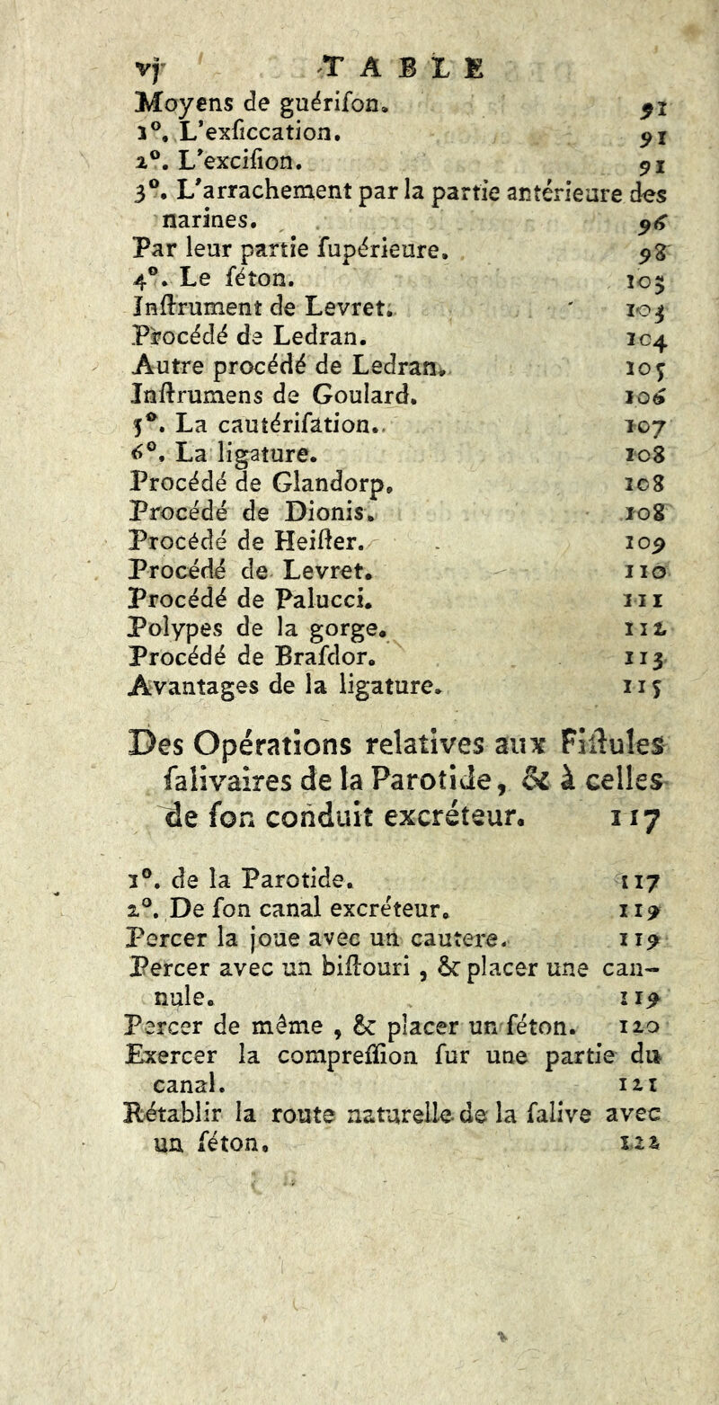 Moyens de guërifon, 3®, L’exficcation. i®. L^excifion, 3®. L'arrachement par la partie antérieure des narines. , Par leur partie fupérieure. 9g 4®. Le féton. Î03 înftrument de Levret. ' 103 Procédé de Ledran. 204 Autre procédé de Ledran* îoç înftrumens de Goulard. 10^ 5®. La cautérifation. 107 <î®. La ligature. ic8 Procédé de Glandorp, 208 Procédé de Dionis, 208 Procédé de Heifter. . lop Procédé de Levret. iio Procédé de Palucci. 2 21 Polypes de la gorge. iit. Procédé de Brafdor. 113 Avantages de la ligature. iiç Des Opérations relatives aux Fiiîules falivaires de la Parotide, & à celles fon conduit excréteur. 117 2®. de la Parotide. 117 1®. De fon canal excréteur. 1 Percer la joue avec un cautere. 1 Percer avec un biftouri , & placer une can- nule. î 14 Percer de même , & placer un féton. no Exercer la compreflion fur une partie du canal. ni Rétablir la route naturelle d© la falive avec un féton,