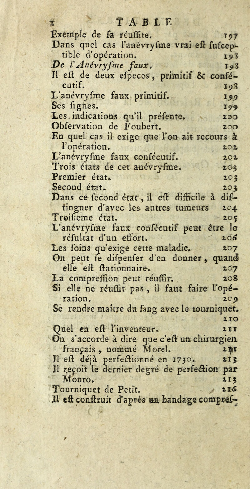 Exemple cîe fa rëuffite. t<)7 Dans quel cas Tanévryfme vrai eft fufcep- tible d’opération. De Vjinévryfme faux. Il eft de deux efpeces, primitif & confé- cutif. ipS L’anévryfme faux primitif. Ses Cgnes. 19^ Les. indications qu’il préfente. 200 Obfervation de Foubert. 200 En quel cas il exige que Ton ait recours à l’opération.. 202 L’anévryfme faux confécutif. 202 Trois états de cet anévryfme. 203 Premier état.. 203 Second état.. 203 Dans ce fécond état, il’ eft difficile à dif- finguer d’avec les autres tumeurs 204 Troifieme état. 20 f L’anévryfme faux confécutif peut être le réfultat d’un effort. ' 20^ Les foins qu’exige cette maladie.. 207 On peut fe difpenfer d’en donner ^ quan<J elle eft ftationnaire. 207 La compreffion peut réuftir. , 20^ Si elle ne réuffit pas , il faut faire Topé- ration. 20<> Se rendre maître du fang avec le tourniquet.. 210 Quel en eft l’inventeur, 2ri Gn s’accorde à dire que c’eft un chirurgien français , nommé Morel. 2:^1 Il eft déjà perfeéiionné en i7so- 213 Il r^eçoit le dernier degré de perfeâion par Monro. 215 Tourniquet de Petit. 2r^ 11 eft conftruit d’après un bandage ccmpref^