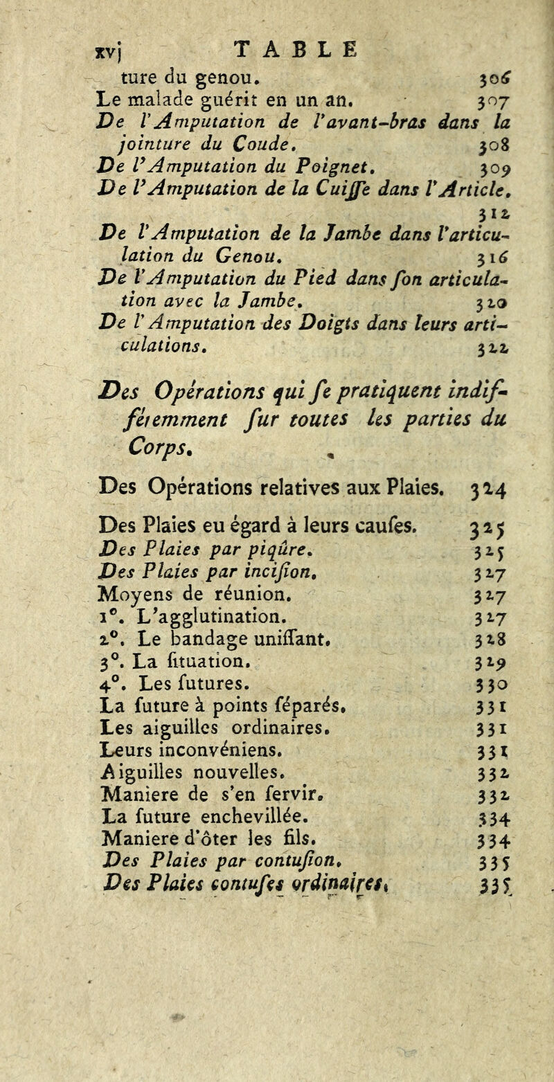 ture du genou, 30^ Le malade guérit en un an. 307 De VAmputation de Vavant--bras dans la jointure du Coude, 508 De rAmputation du Poignet, 309 De VAmputation de la Cuijfe dans VArticle, 3 De V Amputation de la Jambe dans Varticu-^ lation du Genou, ^16 De VAmputation du Pied dans fon articula-- lion avec la Jambe, 31® De V Amputation des Doigts dans leurs arti-- culations, 3^i Des Operations qui fe pratiquent indif^ féiemment fur toutes les parties du Corps. Des Opérations relatives aux Plaies, 314 Des Plaies eu égard à leurs caufes. 325 D es Plaies par piqûre, 315 Des Plaies par incifion, 32.7 Moyens de réunion. 32.7 1®. L’agglutination. 317 i®. Le bandage uniffant. 3x8 3®. La lituation, 31^ 4°. Les futures. 330 La future à points féparés. 331 Les aiguilles ordinaires. 331 Leurs inconvéniens. 331 Aiguilles nouvelles. 331 Maniéré de s’en fervir. 332, La future enchevillée. 334 Maniéré d’ôter les fils, 334 Des Plaies par contujion, 335 Des Plaies contufes ordinairest 33 j
