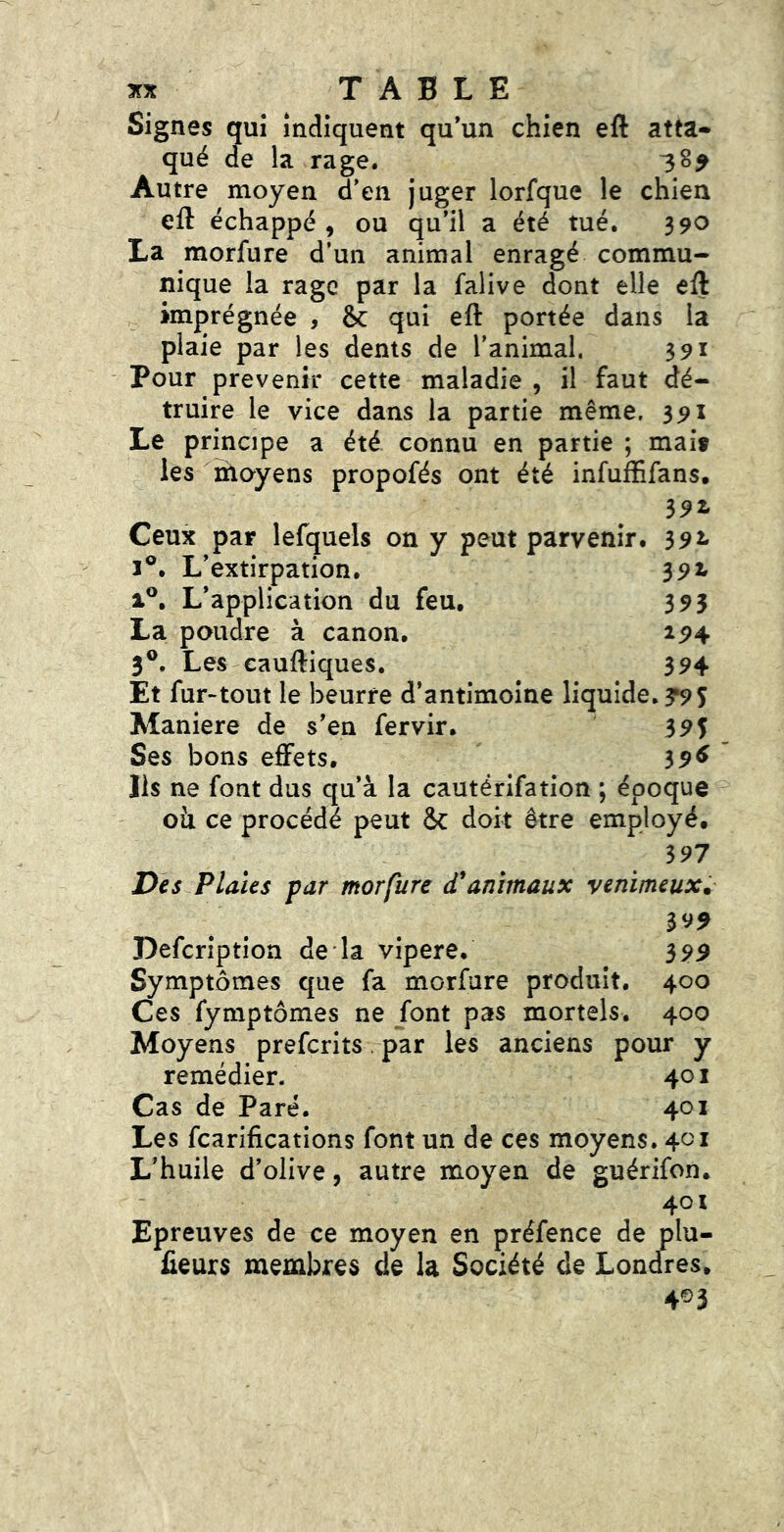 Signes qui indiquent qu'un chien eft atta- qué de la rage. Autre moyen d’en juger lorfque le chien eft échappé , ou qu’il a été tué. 390 La morfure d’un animal enragé commu- nique la rage par la falive dont elle eft imprégnée , 8c qui eft portée dans la plaie par les dents de l’animal. 391 Pour prévenir cette maladie , il faut dé- truire le vice dans la partie même, 391 Le principe a été connu en partie ; mais les moyens propofés ont été infufEfans. 39i Ceux par lefquels on y peut parvenir. 39^ 1®. L’extirpation. 39*' 1®, L’application du feu. 393 La poudre à canon. 194 3®. Les cauftiques. 394 Et fur-tout le beurre d’antimoine liquide. 3*9 S Alaniere de s’en fervir. 3^5 Ses bons effets. 39^ Iis ne font dus qu’à la cautérifation ; époque oh ce procédé peut ôc doit être employé. 397 Des Plaies par morfure £ animaux venimeux. 399 Defeription de là vipere. 399 Symptômes que fa morfure produit. 400 Ces fymptômes ne font pas mortels. 400 Moyens preferits. par les anciens pour y remédier. 401 Cas de Paré. 401 Les fcarifications font un de ces moyens. 4c I L’huile d’olive, autre moyen de guérifon. 401 Epreuves de ce moyen en préfence de plu- üeurs membres de la Société de Londres, 4^3