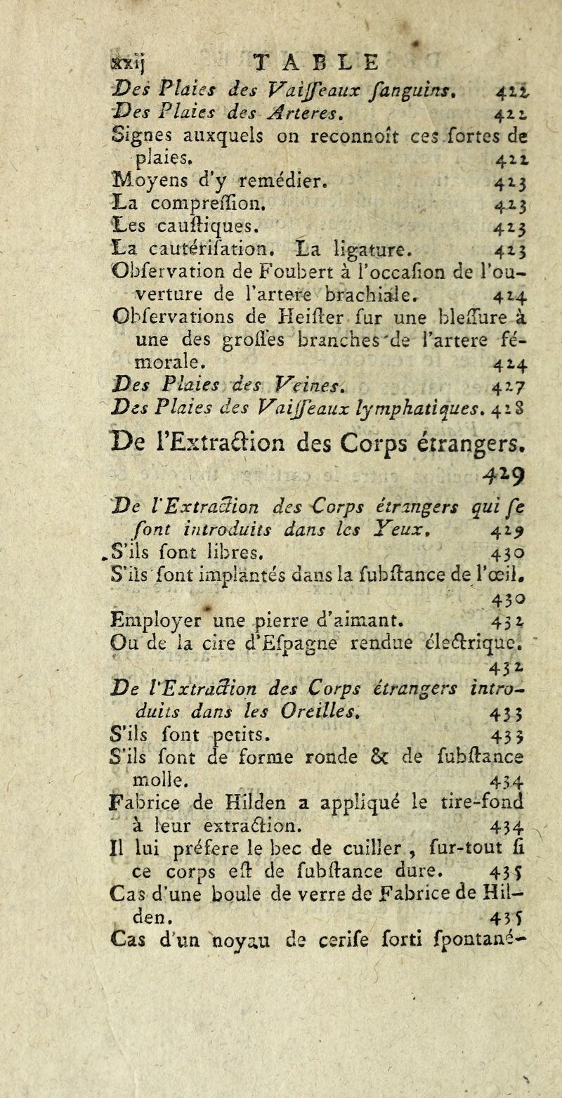 Mlj TABLE Des Plaies des T^aijfeaux fanguins. 4ii Des Plaies des Ancres, 411 Signes auxquels on reconnoît ces fortes de plaies, 411 Moyens d’y remédier. 413 La compreilion. 413 Les cauftiques. 413 La cautérifation. La ligature. 413 Obfervation de Foubert à l’occafion de Tou- verture de l’artere brachiale, 42.4 Obfervations de Heifler fur une bleiTure à une des groli'es branches'de i’artere fé- morale. 414 Des Plaies des Veines, 47.7 Des Plaies des Vaijfeaux lymphatiques, 41S De l’Extraftion des Corps étrangers. 419 De VExtraBion des Corps étrangers qui fe font introduits dans les Yeux, 419 .S’ils font libres. 430 S’ils font implantés dans la fubflance de l’œiL * , . ,430 Employer une pierre d’aimant. 432, Ou de la cire d’Efpagne rendue éleéèrique. 432. De VExtraBion des Corps étrangers intro^ duits dans les Oreilles, 435 S’ils font petits. 433 S’ils font de forme ronde & de fubftance molle. 454 Fabrice de Hilden a appliqué le tire-fond à leur extraâion. 434 Il lui préféré le bec de cuiller , fur-tout fi ce corps efi de fubftance dure. 41% Cas d’une boule de verre de Fabrice de Hii- den. 435 Cas d’un noy:;u de cerife forti fpontané-* r