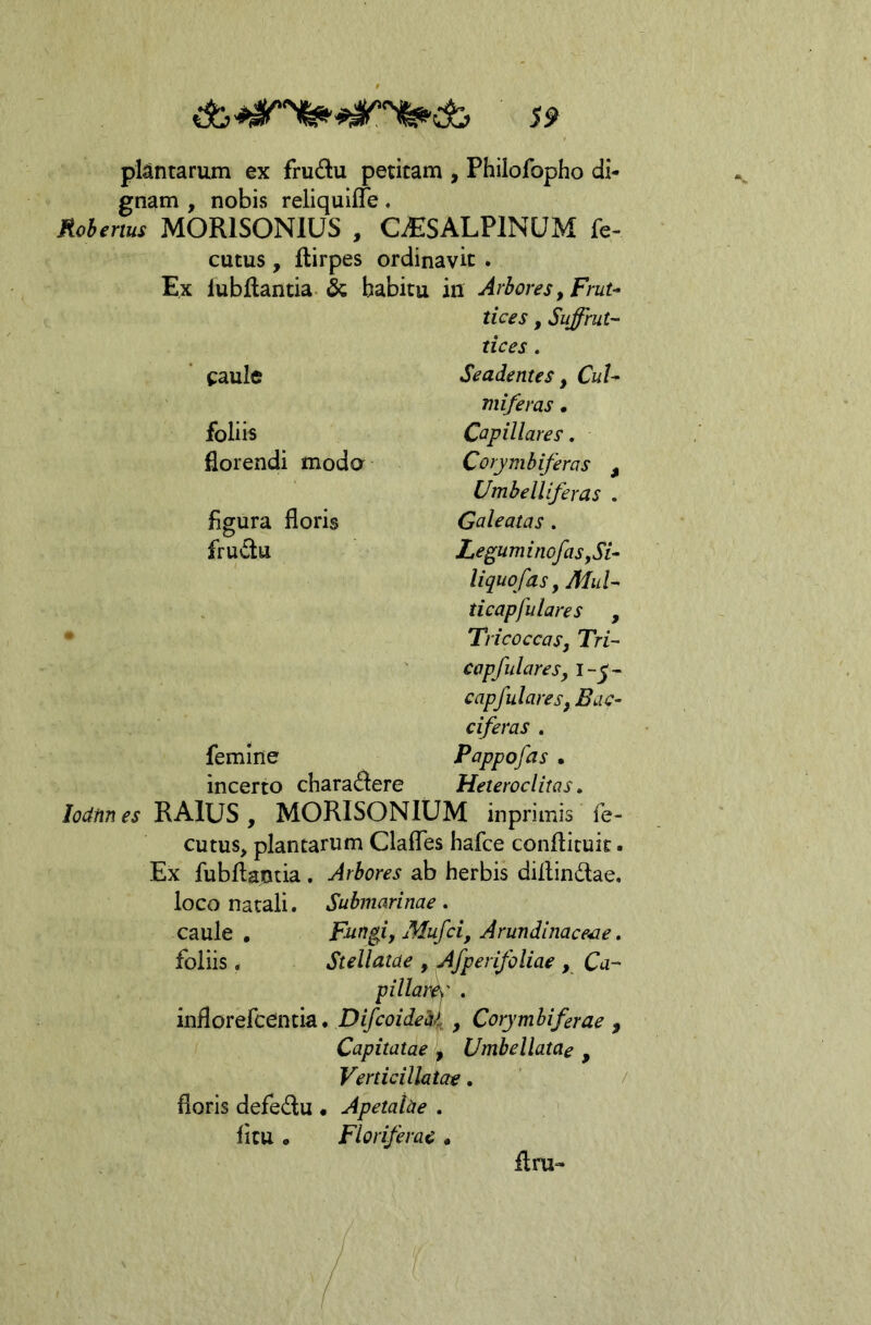 S9 pkntarum ex frudu petitam , Philofopho di- gnam , nobis reliquiffe« Rohenus MORISONIUS , CiESALPlNUM fe- cutus, ftirpes ordinavit . Ex lubftantia & babitu in Arbores, Frut- tices, Sufrut- tices . caule Seadentes , CuU miferas. foliis Capillares, florendi modo Corymbiferas , Umbelliferas , figura floris Galeatas . frudu LeguminofaSySi- liquofasy MuU ticapfulares , TricoccaSj Tri- capfulareSy 1-5- capfui ares, Bac- ciferas . femine Pappofas • incerto chara<flere Heteroclitas, lodnnes RAlUS, MORISONItJM inprimis fe- cutus, plantarum ClafTes hafce conflituit. Ex fubflantia. Arbores ab herbis diilindae. loco natali. Suhmarinae. caule. Fungi y Mufci, Arundinaceae. foliis. Stellatae , Afperifoliae , Q- pillam' . inflorefcentia. Difcoideb^i^, Corymbiferae , Capitatae , Umbellatae ^ Verticillatae. / floris defedu • Apetahe . ficu . Floriferae • ilm-