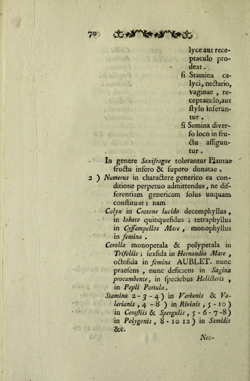 7° lyce aut rece- ptaculo pro- • deat. . . fi Stamina ca- lyci, nedario, vaginae , re- ceptaciilo,aut ftylo inferun- tur . fi Semina diver- ' ’ folocoinfru- du affigun- tur. In genere Saxifragae tolerantur Piantae. frudu infero &: fupero donatae • 2 ) Numerus in charadere generico ea con- ditione perpetuo admittendus, ne dif- ferentiam genericam folus unquam conftituac; nam Calyx in Crotone lucido decemphyllus , in lohato quinquefidus ; tetraphyllus in Cyjampellos Mare , inonophyilus ' in femina • Corolla monopetala' & polypetala in • Trifoliis ; fexfida in Hernandia Mare , odofida in femina AUBLET. nunc praefens , nunc deficiens in Sagina procumbente, in fpeciebus Helideris , in Pepli Portula, Stamina^ 2 - ^ - 4 ) in Verbenis & Va^ lerianis , 4 - 8 ) in Rivinis ,5-10) in Cerajiiis & Spergulis ,5-^7 ”8) in Polygonis ,8-1012) in Samidis )