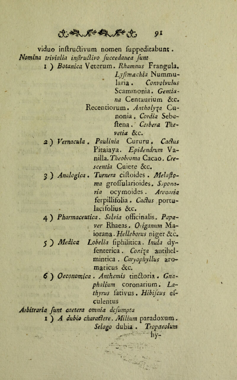 viduo inftrudivum nomen fuppeditabunt. Nomina trivialia infirudivo fuccedanea funt I ) Botanica Veterum* Rhamnus Frangula, Lyfimachia Nummu- laria • Convolvulus Scamjrjonia. Gentia- na Centaurium Recenciorum. Antlwljia Cu- ^ nonia , Cordia Sebe- fle na * ■ Cerbera T-hs^- vetia &c. 5) Vernacula, Paulinia Cururu* Cadus Pitaiaya. Epidendmm Va- nilla. Theobroma Cacao. scentia Cuiete dcc, 5 ) Analogica, Turnera ciftoides . Adelaffo- ma grofTularioides* Sjpona^ ria ocymoides. Arenaria ferpillifblia. Cadus portu- lacifolius 6cc. 4) Pharmaceutica, Salvia officinalis. Papa- ver Rhaeas* Otiganurn Ma- ' loransi. Helleborus mger Scc» J ) Medica Lobelia fiphiiitica. Inula dy^ fencerica. Cordia antihei- mintica . Caryophyllus aro- maticus dcc. 6 ) Oeconomica . Anthemis cindoria « Gna- phallum coronarium* La- thyrus fativus. Hibifcus ef- culentus Arbitraria funt caetera omnia dcfumpta I ) A dubio charadere. Milium paradoxum. Selago dubia • Tropaeolum