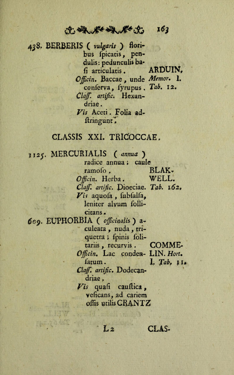 4^8, SCRBERIS ( vulgaris ) flori- bus fpicatis, pen- dulis: pedunculis ba« fi articulatis, ARDUIN, Officin* Baccae, unde Memor, 1. conferva, fyrupus , Tab» 12, Clajf. artific, Hexan- driae. Aceti. Folia ad* ftringunc^ CLASSIS XXL TRICOCCAE, jj2^. MERCURIALIS ( annua ) radice annua; caule ramofo, BLAK-i- Officin, Herba. WELL, Claff, artific, Pioeciae. Tab, 162, VU aquofa , fubfaifa, leniter alyum folli- citans • tfop. EUPHORBIA ( ofificinaih ) a* culeata , nuda, tri- quetra ; fpinis foli^ tariis, recurvis . COMME- Ojflcin. Lac ponden- LIN. Hort, fatum. L Ii» Claf, artific, Dodecan- driae. f^is quali cauftica, velicans, ,ad cariem offis utilis CRAN TZ