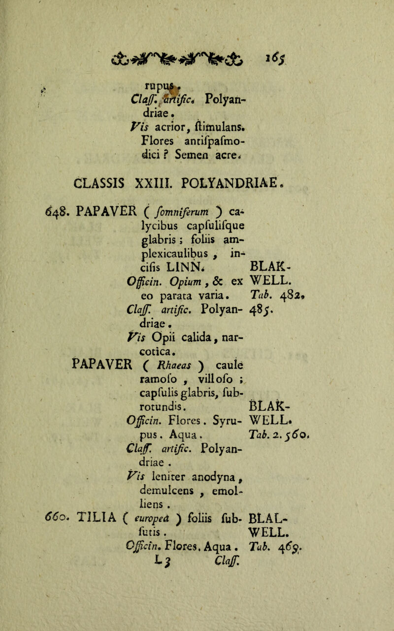 ‘ rapujy ClaJ/l^riiJic4 Polyan- driae • Vis acrior, ftiftiulans. Flores antifpafmo- dici ? Semen acre< CLASSIS XXIII. POLYANDRIAE. 648. PAPAVER ( /omniferum ) ca- lycibus capfulifque glabris; foliis am- plexicaulibus , in- cifis LINN. BLAK- Offiein. Opium , & ex WELL. eo parata varia. Tab, 482* ClaJ/. artijic, Polyan- 4^5* driae. Vis Opii calida, nar- cotica. papaver ( Rhaeas ) caule ramoib , villofo ; capfulis glabris, fub- rotundis. BLAk- Oj/cim Flores. Syru- WELL* pus. Aqua. Tab, 2. ^60* Claf, artijic, Polyan- driae . Vis leniter anodyna, demulcens , emol- liens . 660* TILIA ( europea ) foliis fub- BLAL- futis. WELL. p^a/z. Flores, Aqua. Tab, 4^5. L 5 Claf.