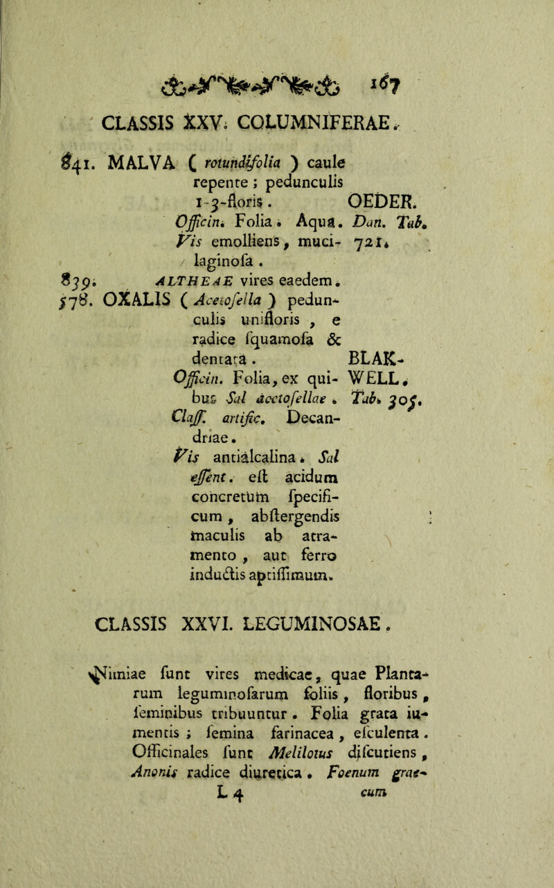 CLASSIS tXVi COLUMNIFERAE. ^4 i* MALVA C rotund^vlia ) caule repente; pedunculis 1-3-floris. OEDER. Officim Folia i Aqua. Dan, TaK Vis emolliens, muci- 721* / laginofa . 87p; ALTHEAE vires eaedem^ ^78. OXALIS ( Acewfella ) pedun^ culis unifloris , e radice fquamofa & dentata. BLAK- Officin, Folia, ex qui- W£LL* bus Sal dcctofellae * Tah Clajfl artific, Decan- driae. t^is antialcalina * Xz/ ejfent, ell acidum cohcretUtn fpecifi- cum, abftergendis • maculis ab atra- mento , aut ferro indudis aptiffimum. CLASSIS XXVL LEGUMINOSAE . >^imiae funt vires medkac, quae Planca^ rum ieguminofarum foliis, floribus, feminibus tribuuntur . Folia grata iu- mentis ; femina farinacea , efculenta . Oflicinales fune Meliloius dffcutiens, Anonif radice diuretica • Foenum grat^ L 4 cum