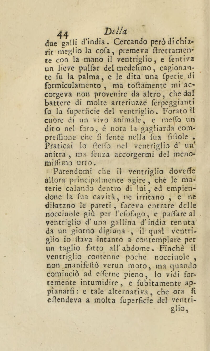 due galli d’india. Cercando però di chia- rir meglio la cofa, premeva ftrettamen* te con la mano il ventriglio, e fentiva un lieve pulfar delmedefimo, cagionan- te fu la palma, e le dita una fpecie di formicolamento , ma tortamente mi ac^ corgeva non provenire da altro, che dal battere di molte arteriuzze ferpeggianti fu la fuperficie del ventriglio. Foratoli cuore di un vìvo animale, e me(fo un dito nel foro, è nota la gagliarda com- prelfione che fi fente nella fua fi (Iole . Praticai Io rtelfo nel ventriglio d’ uii’ anitra , ma feuza accorgermi del meno- mirtlmo urto. Parendomi che il ventriglio dovere allora principalmente agire, che le ma- terie calando dentro di lui, ed empien- done la fua cavità, ne irritano , e ne dilatano le pareti , faceva entrare delle nocciuole giù per refofago, e palfare al ventriglio d’una gallina d’india tenuta da un giorno digiuna , il qual ventri- glio io rtava intanto a contemplare per un taglio fatto all’ abdome. Finché il ventriglio contenne poche nocciuole , non manifellò verun moto, ma quando cominciò ad efferne pieno, lo vidi for- temente intumidire , e fubitamente ap- pianarfi : e tale alternativa, che ora fi ertendeva a molta fuperficie del ventri-