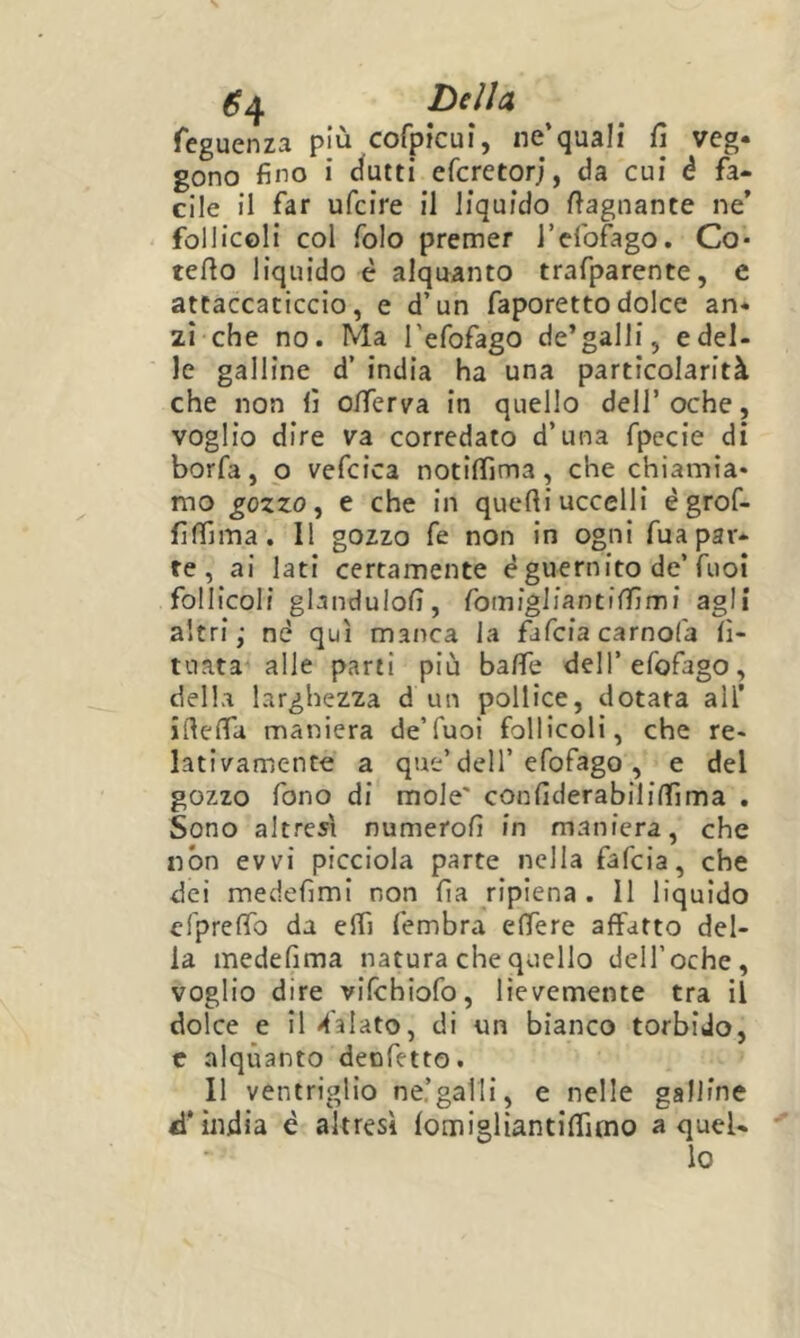 ^4 Bella feguenza più corpicui, ne’quali Ci veg* gono fino i dutti efcretorj, da cui è fa- cile il far ufcire il liquido bagnante ne’ follicoli col folo premer refofago. Co* tefio liquido è alquanto trafparente, e attaccaticcio, e d’un faporettodolce an- zi che no. Ma l’efofago de’galli, e del- le galline d’ india ha una particolarità che non fi ofiTerva in quello dell’ oche, voglio dire va corredato d’una fpecie di borfa, p vefcica notiffima, che chiamia- mo gozzo, e che in quelli uccelli égrof- filfima. Il gozzo fe non in ogni fua par- te, ai lati certamente èguernito de’Tuoi follicoli gbndulofi, fomigliantiffimi agli altri; nd qui manca la fifcia camola lì- tnata alle parti più balfe dell’efofago, della larghezza d un pollice, dotata all’ illelTa maniera deTuoi follicoli, che re- lativamente a que’deir efofago , e del gozzo fono di mole' confiderabililTima . Sono altresì numerofi in maniera, che non evvi picciola parte nella fafcia, che dei medefimi non fia ripiena. Il liquido efprefTo da elfi fembra elTere affatto del- la medefima natura che quello dcll’oche, voglio dire vifchiofo, lievemente tra il dolce e il Calato, di un bianco torbido, c alquanto deofetto. Il ventriglio ne’galli, e nelle galline d’ìndia è altresì lomiglìantiffimo a quel- lo