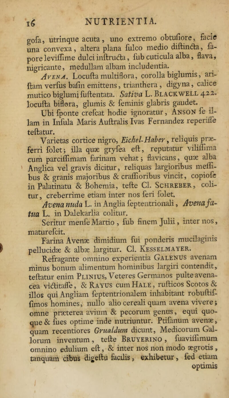 gofa, utrinque acuta, uno extremo obtufiore, facie una convexa, altera plana fulco medio diftin&a, fa- pore leviftime dulci inftructa, fub cuticula alba, flava, nigricante, medullam albam includentia. Avena. Locufta multiflora, corolla biglumis, ari- ftam verfus bafin emittens, trianthera , digyna, calice mutico biglumifuftentata. Sativa L. Blackwell 422. locufta biflora, glumis & feminis glabris gaudet. Ubifponte crefcat hodie ignoratur, Anson fe il- lam in Infula Maris Auftralis Ivas Fernandez repende teftatur. Varietas cortice nigro, EicheUHaber, reliquis prae- ferri foletj illa quae gryfea eft, reputatur viliftima cum parciftimam farinam vehat ; flavicans, quae alba Anglica vel gravis dicitur, reliquas largioribus mefli- bus & granis majoribus & craflioribus vincit, copiofe in Palatinatu & Bohemia, tefte Cl. Schreber, coli- tur , creberrime etiam inter nos feri folet. Avena nuda L. in Anglia feptentrionali, Avena fa- tua L. in Dalekarlia colitur. Seritur menfeMartio , fub finem Julii, inter nos, maturefcit. Farina Avenae dimidium fui ponderis mucilaginis pellucidae & albae largitur. Cl. Kesselmayer. Refragante omnino experientia Galenus avenam minus bonum alimentum hominibus largiri contendit, teftatur enim Plinius, Veteres Germanos pulte avena- cea viditaffe, & Rayus cum Hale, rufticos Scotos & illos qui Angliam feptentrionalem inhabitant robuftif- fimos homines, nullo alio cereali quam avena vivere5 omne praeterea avium & pecorum genus, equi quo- que & fues optime inde nutriuntur. Ptifanum avenae, quam recentiores Grualduni dicunt, Medicorum Gal- lorum inventum, tefte Bruyerino , fuaviffimum omnino edulium eft, & inter nos non modo aegrotis , tanquam cibus digeftu facilis, exhibetur, fed etiam optimis