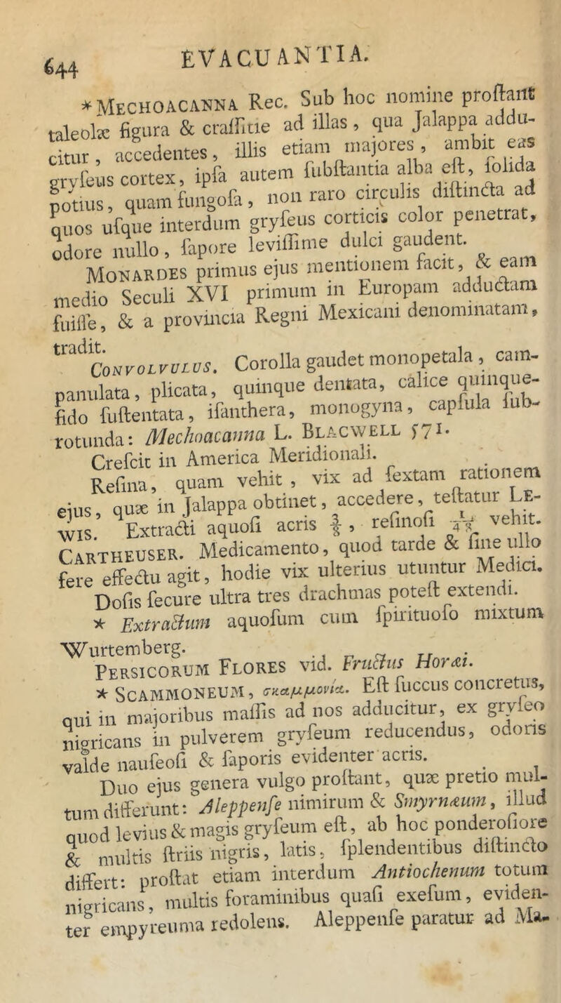 *Mechoacanna Rec. Sub hoc nomine profane taleola figura & cralfitie ad illas , qua Jalappa adi u- citur, accedentes, illis etiam majores , ambit eas grvfeus cortex, ipfa autem fubftantia alba eft, lolida L'tms, quam fungofa, non raro circulis diitinda ad Los ufque interdum gryfeus corticis color penetrat, odore nullo, 1'apore leviffime dulci gauden . Monardes primus ejus mentionem facit, & eam medio Seculi XVI primum in Europam addudam fuiile, & a provincia Regni Mexicam denominatam, ^Convolvulus. Corolla gaudet monopetala, cam- panulata, plicata, quinque dentata, calice quinque- fido fuftentata, ifanthera, monogyna, capfula rotunda: Meclwacanna L. Blacwell >71. Crefcit in America Mendionan. Refina, quam vehit, vix ad fextam rationem p:nc qux in lalappa obtinet, accedere, teitatur LE- wis’ \xtradi aquofi acris f , refinofi ^ vehit. Cartheuser. Medicamento, quod tarde & ^ellll° fere effectu agit, hodie vix ulterius utuntur Media. Dofis fecure ultra tres drachmas poteft extendi. * Extra&um aquofum cum fpirituofo mixtum 'Wurtemberg. . „ „ r/ Persicorum Flores vid. Fruttus Uoyau X SCAMMONEUM, crKa/xftovi*. Eft fliCCUS COtlcretUS, qui in majoribus madis ad nos adducitur, ex grv eo nigricans in pulverem grvfeum reducendus, odons valde naufeofi & faporis evidenter acris. Duo ejus genera vulgo proftant, qusc pretio mul- tum differunt: Aleppenfe nimirum & Smyrn&um, illud quod levius & magis gryfeum eft, ab hoc ponderofiore & multis ftriis nigris, latis, fplendentibus dxftincto differt* proftat etiam interdum Antiochenum totum nigricans, multis foraminibus quafi exefum, eviden- ter empyreuma redolens. Aleppenfe paratur ad Ma.