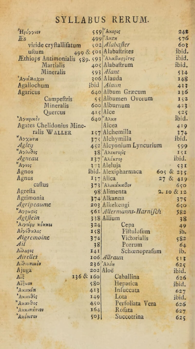 539 Axooos 24t JEs 499 ”A y.Tti 576 viride cryftallifatum >02 Alabajler 603 ultum 400 & 301 Alabaitrites ibid. JEthiops Antimonialis 585 n S93 ’Aa x/Su^^tx; ibid. Martialis 4° 5 Alabaltrum ibid. Mineralis 593 Alant 534 'A yot&oztv 306 Alauda 148 Agallochum ibid Alaun 43? Agaricus 640 Album Graecum 136 Campeftris 55 Albumen Ovoium 152 Mineralis 600 Alburnum 42? Quercus 415 Alce 52? *A yctpixov 640 ibid. Agates Chelidonius Mine- Alcea 419 ralis Waller 157 Alchemilla 37+ *Ayxa<roi 375 Alchymilla ibid. Agkij 452 Alcyonium Lyncurium 599 ''AyXt&eg 38 ’AXt xtosIj 151 Agtieau 137 'AAsxroj ibid. ,rAyvo; 3  3 Aleluja 531 Agnos ibid. Alexipharmaca 603 & 235 Agnus 13 7: Alica 27 & 419 caflus 3 73 l’AytxocxxBov 6?o Agrefta 98;Alimenta 1. 10 & 12 Agrimonia 374 Alkanna 375 Agripcaume 203 Alkekengi 6? 0 Ayoou^; 3611A lier mantis- Har niIch 582 vlgtjlein' Ar/stfx xoxxe< Aiyfoxhos Aigrctnoinc AU AiAafOf AirtUcs A-B-ionixov Ajuga A ic, A/f mov ’A xtxxtx 'Axav&lj ''Axoev&of 'Ay.xmvTtsv *A xsWov 3 3 8 Allium 324 158 37+ 38 141 106 Cepa Fiftulofum Victorialis Porrum Schoenoprafum Allrawi 202 13 6 & 160 $80 413 149 45° 164 5° 3 2 3 6 'AAsjj Aloe Caballina Hepatica lnfuccata Lota Perfoliata Vera Rofata Succotrina 38 49 ib. 582 64 ib. 5«? 629 ibid. 626 ibid. 627 ibid. 626' 627 62$