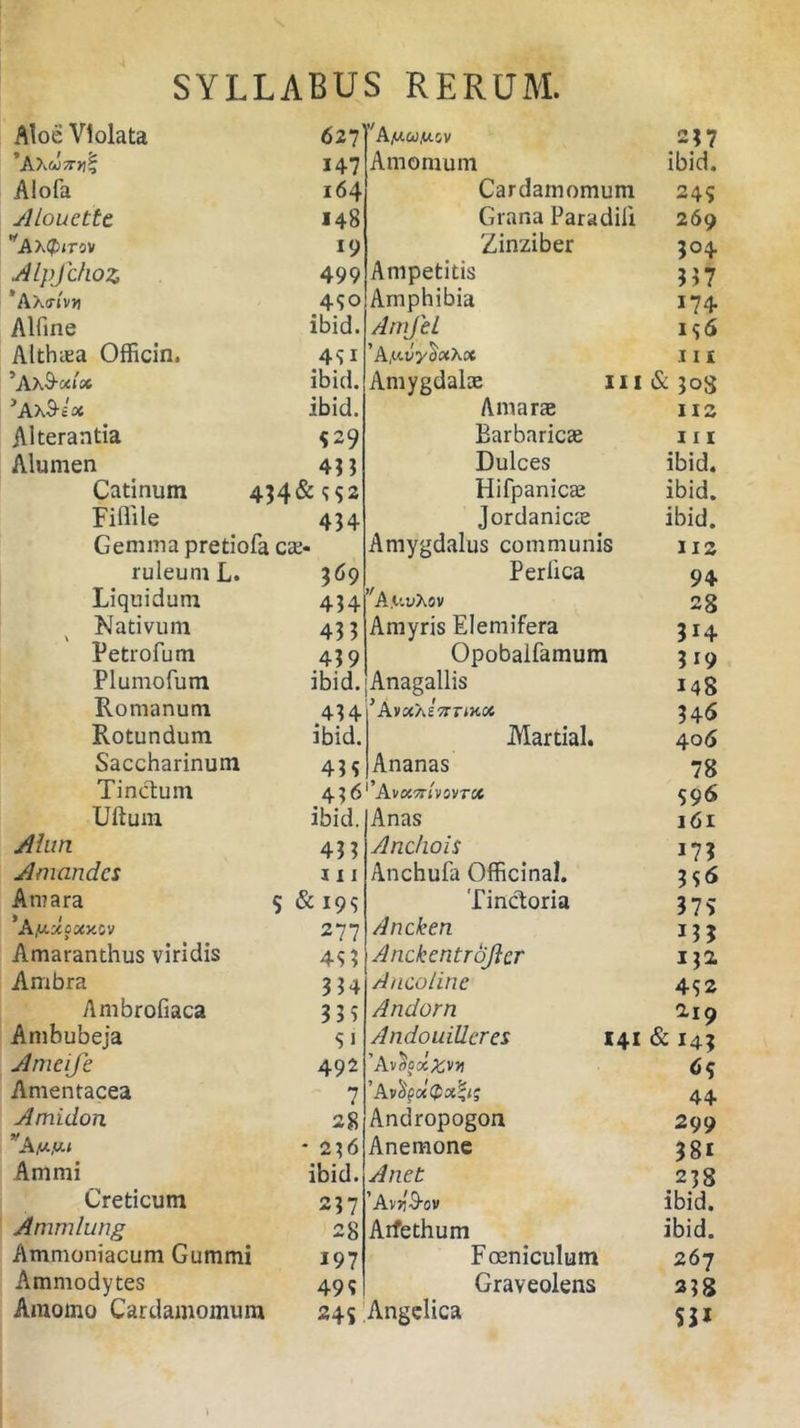 Aloe Violata 627’ A 237 ’AX«o ;*■»!; 147 Amomum ibid. Alofa 164 Cardamomum 249 Alouette 148 Grana Paradili 269 ,yAX$<rov 19 Zinziber 304 Alpjchoz 499 Ampetitis 337 'AAiti v» 490 Amphibia 174 Alline ibid. Amfel 196 Althaea Officin. 49 1 ’A,utlyc>c*Xoe I I £ ibid. Amygdalae 111&308 ■'AxS-ise ibid. Amarae IIS Alterantia 929 Barbaricae I I I Alumen 433 Dulces ibid. Catinum 434& 992 Hifpanicae ibid. Fiffile 434 Jordanicae ibid. Gemma pretiofa cae- Amygdalus communis IIS ruleum L. 369 Perlica 94 Liquidum 434 ^A.uuXsv 28 Nativum \ 43 3 Amyris Elemifera 314 Petrofum 439 Opobalfamum 319 Plumofum ibid. Anagallis 148 Romanum 434 ’ AvciAiTrTMOt 346 Rotundum ibid. Martial. 40 6 Saccharinum 439 Ananas 78 Tinctum 436 ’A VK7TIV0VTX 996 Uftum ibid. Anas 161 Alun Amandes Amara 'Aiu-xocixov Amaranthus viridis Ambra Ambrofiaca Ambubeja Ameife Amentacea Amidon ’fA Animi Creticum Amrnlung Ammoniacum Gummi Ammodytes Amomo Cardamomum 433 111 & 195 277 493 334 339 s j 492 7 28 * 236 ibid. 237 28 J97 499 Anchois Anchufa Officina!. Tinctoria Ancken Anckentroftcr Ancolinc Andorn Andouillcres 'AvdoxXw ’A v$po!$x!;ig Andropogon Anemone Anet 'A vyS-ov Aifethum Feniculum Graveolens 245 Angelica i?? 3$6 37S *33 132. 492 219 141 & 14; 6? 44 299 38i 238 ibid. ibid. 267 338 SP