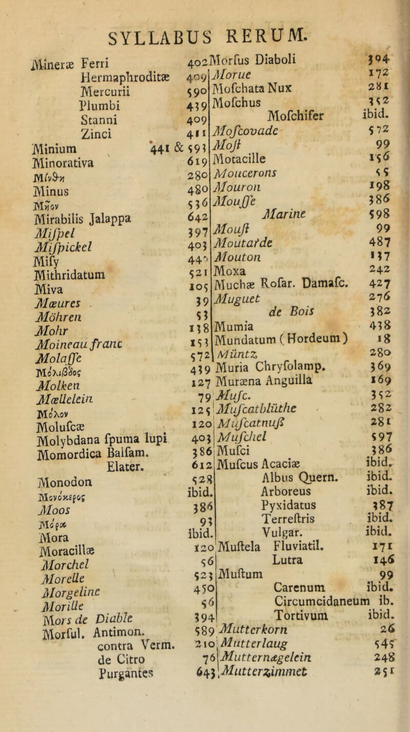 Miner» Ferri 4osMorfus Diaboli Hermaphroditae 409 Morue nrr_.. :: S9® 'i13 4*9 409 411 441 & 593 619 Mercurii Plumbi Stanni Zinci Minium Minorativa iviivS-» Minus Nyov Mirabilis Jalappa Mifpel Mijpickel Mify Mithridatum Miva Mae ures Mohren Mohr Moineaufranc Molaffc. M ixt&ot; Molken Mcellelein MoAov Molufcse Molybdana fpuma lupi Momordica Baifam. Elater. Monodon jttovoxsfo; Aloos JVIof* Mora Moracill» Morchel MoreUt Morgelinc Morille M orsde Di abi e Morful. Antimon. contra Verm. de Citro Purgantes 280 480 S?6 642 397 4°3 44'’ 521 105 39 53 138 IS 3 57 2 Mofchata Nux Mofchus Mofchifer Mofcovade Mojl Motacille Moucerons Mouron MouJJe Marine Mouji Moutatde Mouton Moxa Muchae Rofar. Damafc. Muguet de Bois Alum ia Alundatum (Hordeum) i*. Miintz 439 Muria Chryfolamp. 127 Aluraena Anguilla 79 Mujc. 12 s Mufcatbluthc izo.Mufcatnufi 40 vMufchel 3 86| Mufci 612 Mufcus Acaciae Albus Quern. Arboreus Pyxidatus Terreftris Vulgar. Aluftela Fiuviatil. Lutra S28 ibid. 386 93 ibid. 120 56 523 450 i6 394 Muftum Carenum 304 172 281 352 ibid. 572 99 1 $6 55 198 386 598 99 487 «37 242 427 276 382 438 18 280 369 169 352 282 281 597 386 ibid. ibid. ibid. 387 ibid. ibid. 171 146 99 ibid. ) / T $89 Mutterkorn 2\o ^Mutterlaug *i(>\Mutternagelein 643 [Mutterzimmet vui cwuui uyivtc Circumcidaneum ib. Tortivum ibid. 26 545 248 21 r