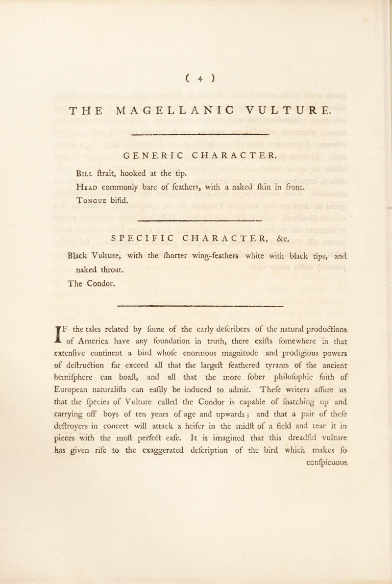 THE MAGELLANIC VULTURE. GENERIC CHARACTER. Bill ftrait, hooked at the tip. Head commonly bare of feathers, with a naked flcin in front. Tongue bifid. SPECIFIC CHARACTER, &c. Black Vulture, with the Ihorter wing-feathers white with black tips, and. naked throat. The Condor, IF the tales related by fome of the early deferibers of the natural produAions of America have any foundation in truth, there exifts fomewhere in that cxtenfive continent a bird whofe enormous magnitude and prodigious powers of deflrudion far exceed all that the largeft feathered tyrants of the ancient hemifphere can boaft, and all that the more fober philofophic faith of European naturalifts can eafily be induced to admit. Thefe writers affure us that the fpecies of Vulture called the Condor is capable of fnatching up and carrying off boys of ten years of age and upwards ; and that a pair of thefe deftroyers in concert will attack a heifer in the midft of a field and tear it in pieces with the mofl perfedt eafe. It is imagined that this dreadful vulture has given rife to the exaggerated defeription of the bird which makes fa confpicuoiis