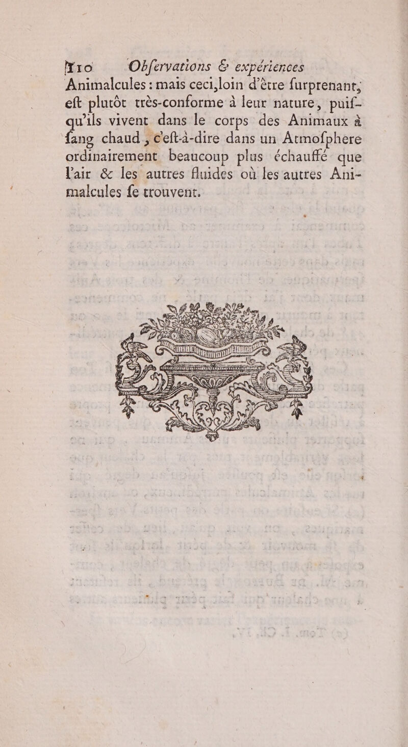 Animalcules : mais ceci,loin d’ètre furprenant, eft plutôt très-conforme à leur nature, puif- u'ils vivent dans le corps des Animaux à si chaud , c'eftà-dire dans un Atmofphere ordinairement beaucoup plus échauffé que l'air &amp; les autres fluides où les autres Ani- malcules {e trouvent.